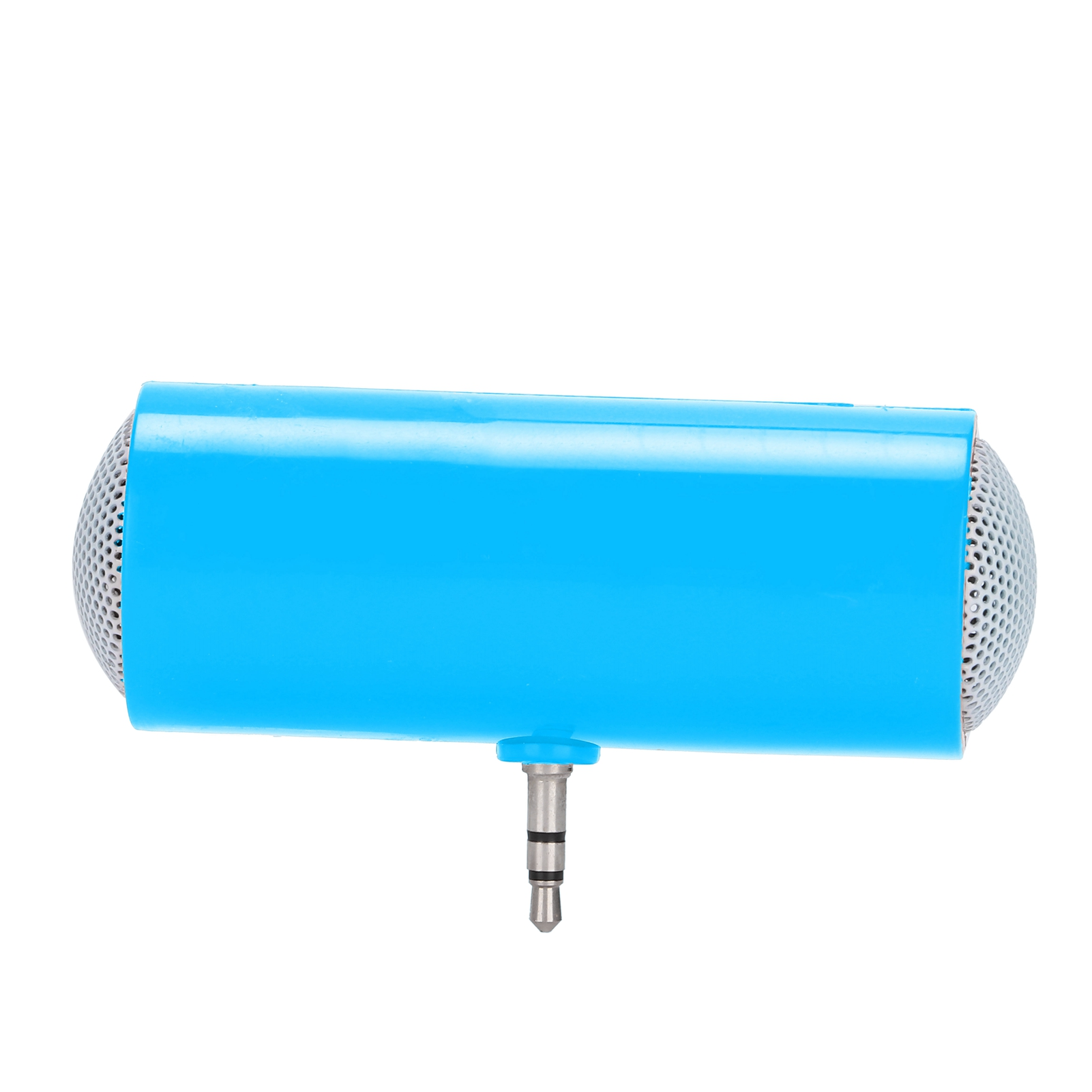Blauer Mini-Lautsprecher mit 3,5-mm-Klinke. Er hat ein blaues Gehäuse und silbernes Mesh an beiden Enden.