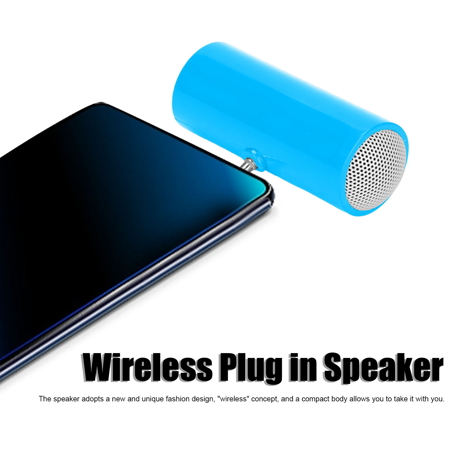 Blauer drahtloser Plug-in-Lautsprecher neben einem schwarzen Smartphone.