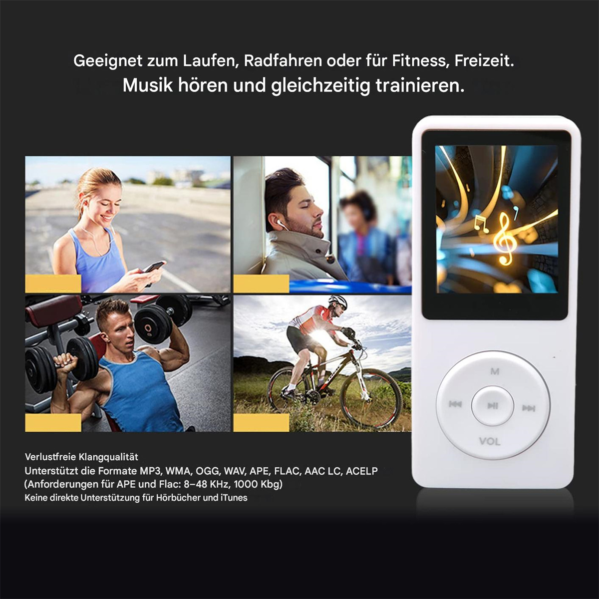 Weißer MP3-Player mit Bildschirm, im Hintergrund Menschen beim Trainieren.