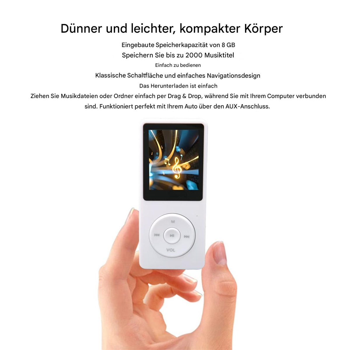 Ein kleiner, weißer MP3-Player in einer Hand, mit Text auf Deutsch.