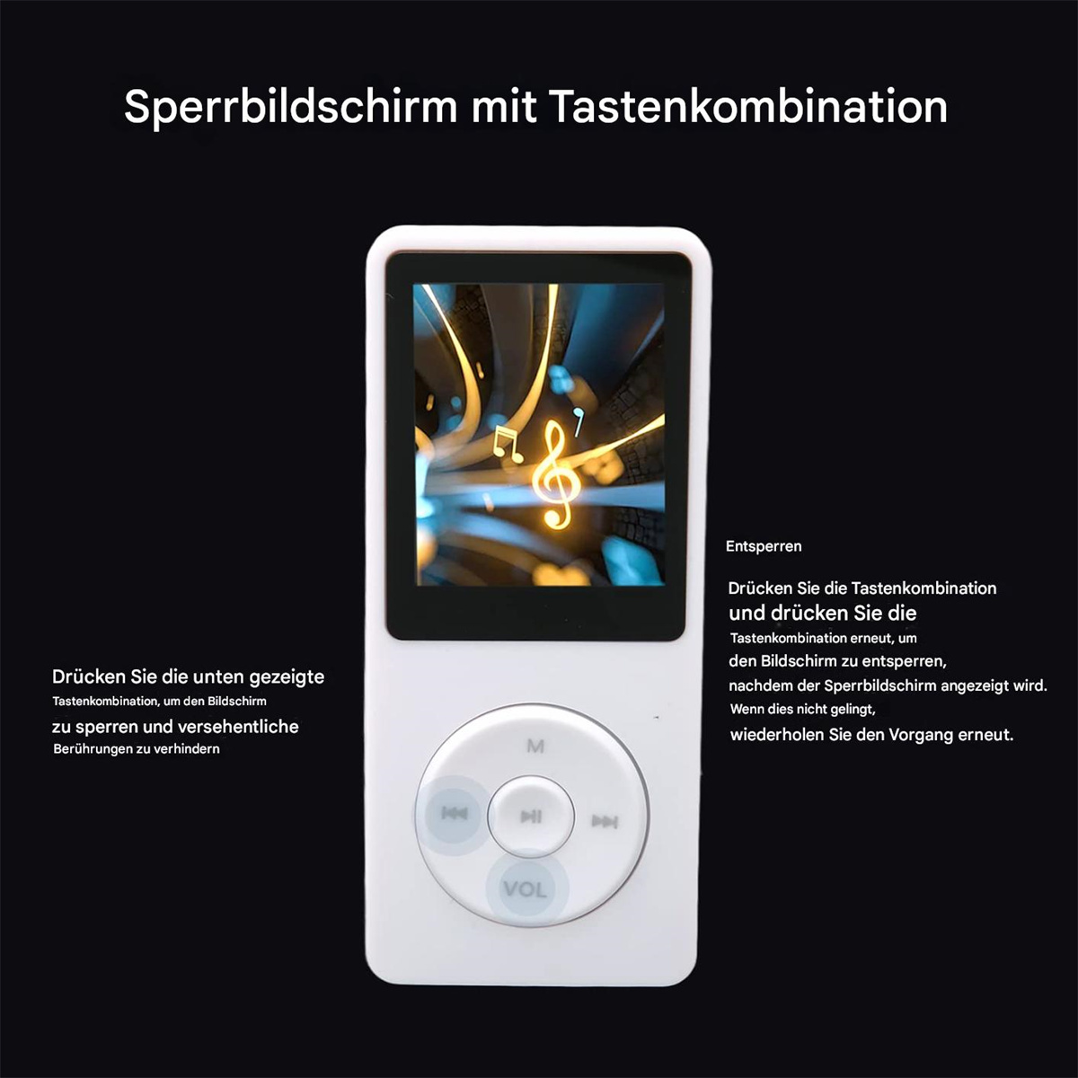 Weißer MP3-Player mit Bildschirm, der Noten, Tasten und Textanweisungen anzeigt.