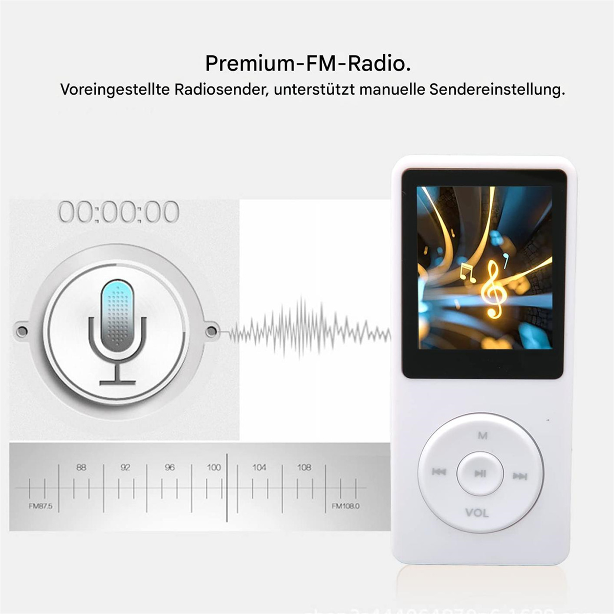 Weißer digitaler Audioplayer mit Bildschirm, Knöpfen und einem Mikrofonsymbol.