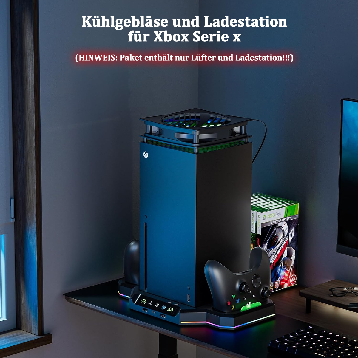Schwarzer Xbox Series X-Kühler und Ladestation mit Xbox-Controllern und Spielen.