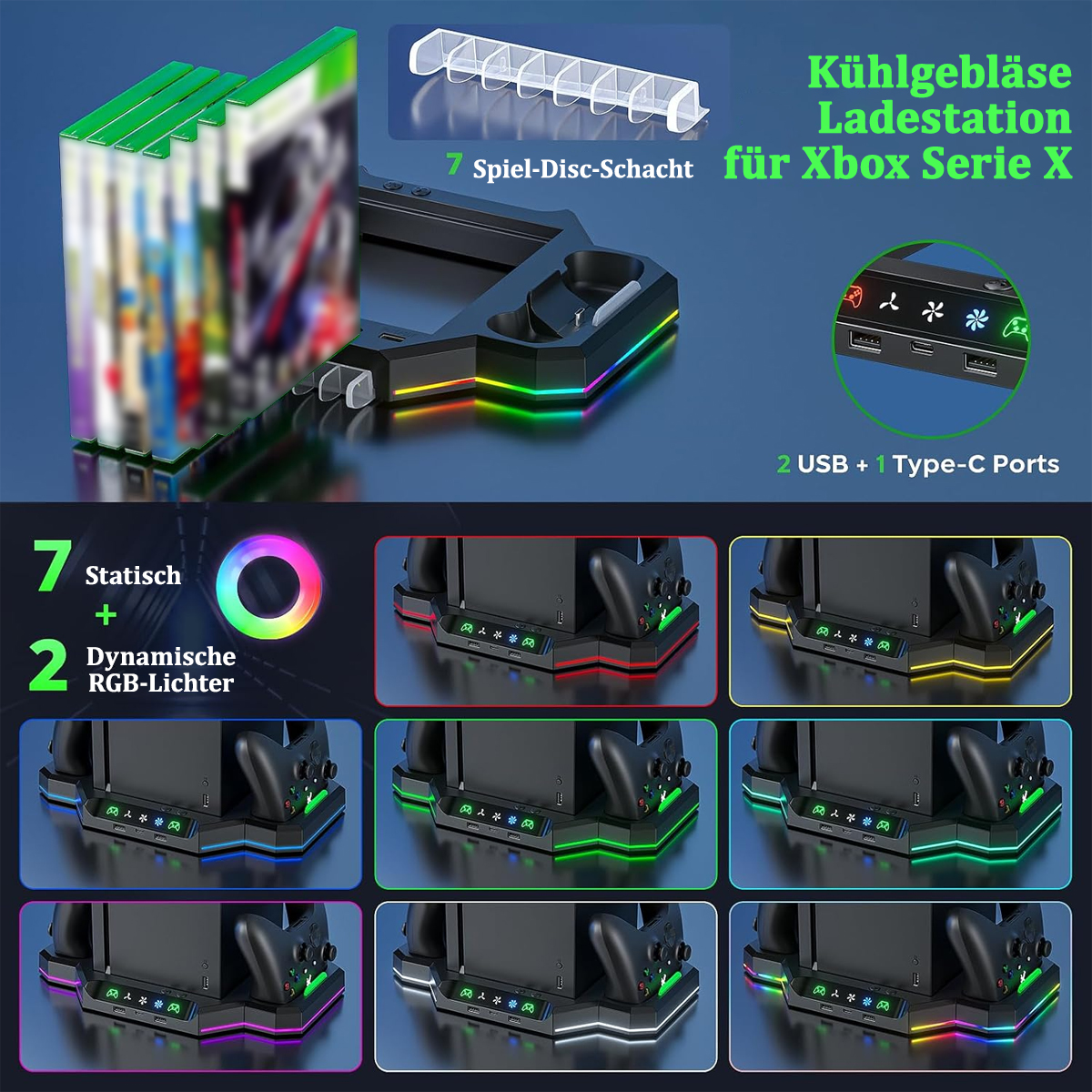 Gaming-Konsolen-Ladestation mit mehreren Steckplätzen, RGB-Lichtern und zwei USB-Anschlüssen.