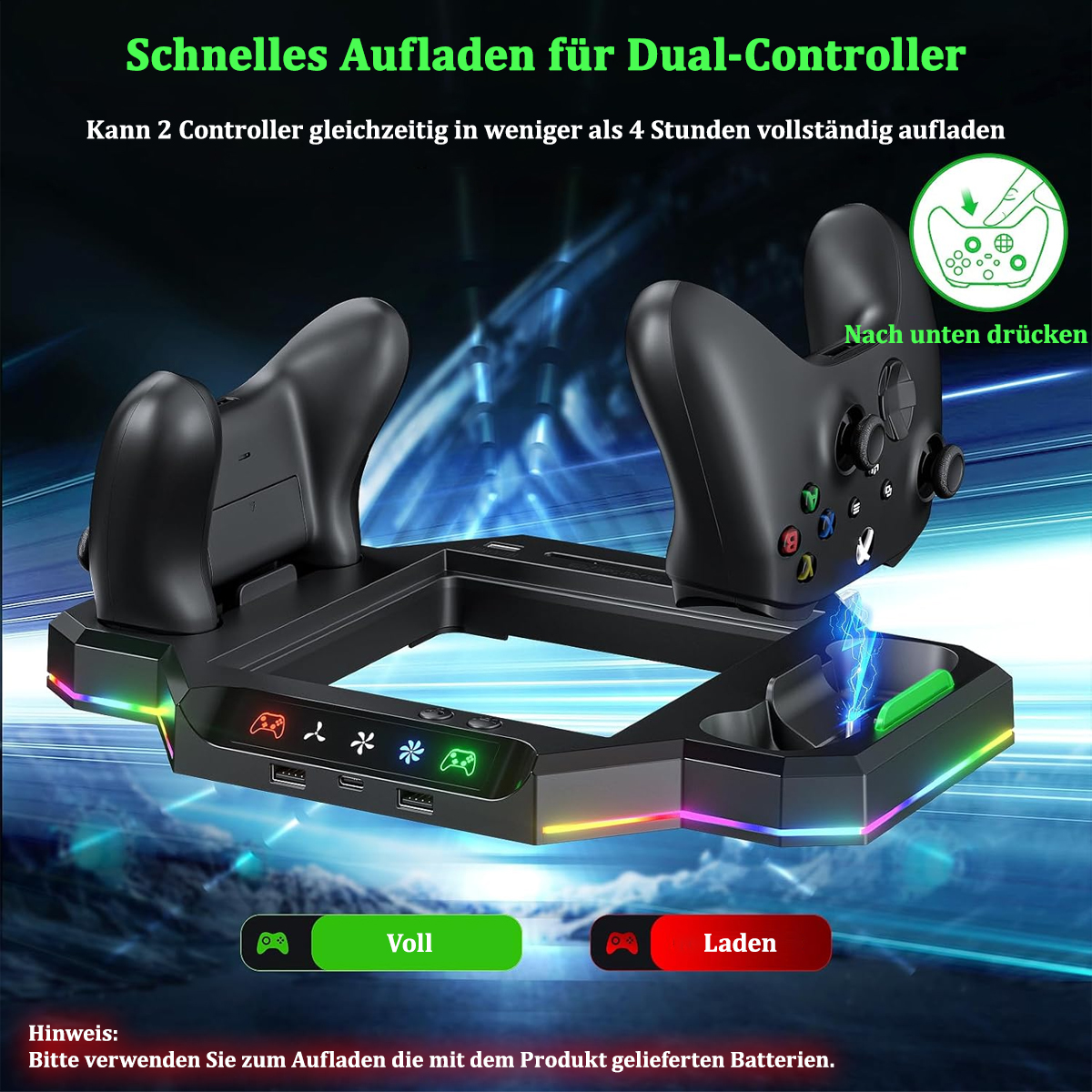 Dual Controller Ladestation. Schwarz mit bunten Lichtern. Zeigt 'Voll' und 'Laden'.