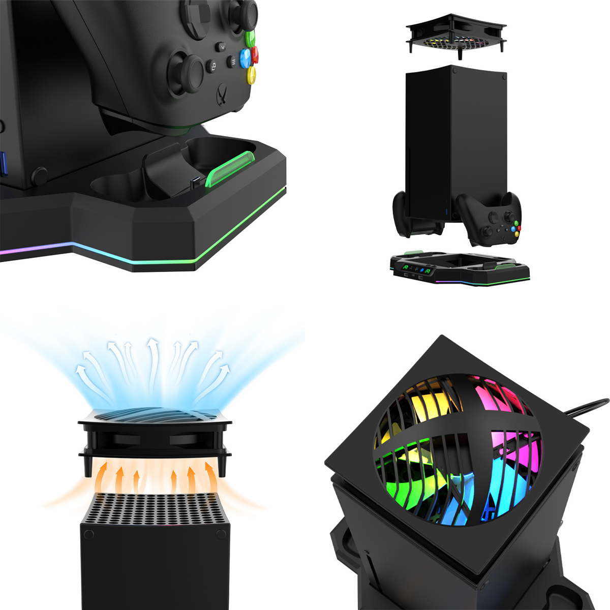Schwarzes Gaming-Konsolenzubehör. Beinhaltet eine Ladestation, einen Lüfter und Controller.