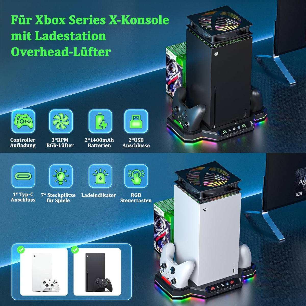 Schwarzer und weißer Xbox Series X/S Konsolenständer mit Zubehör.