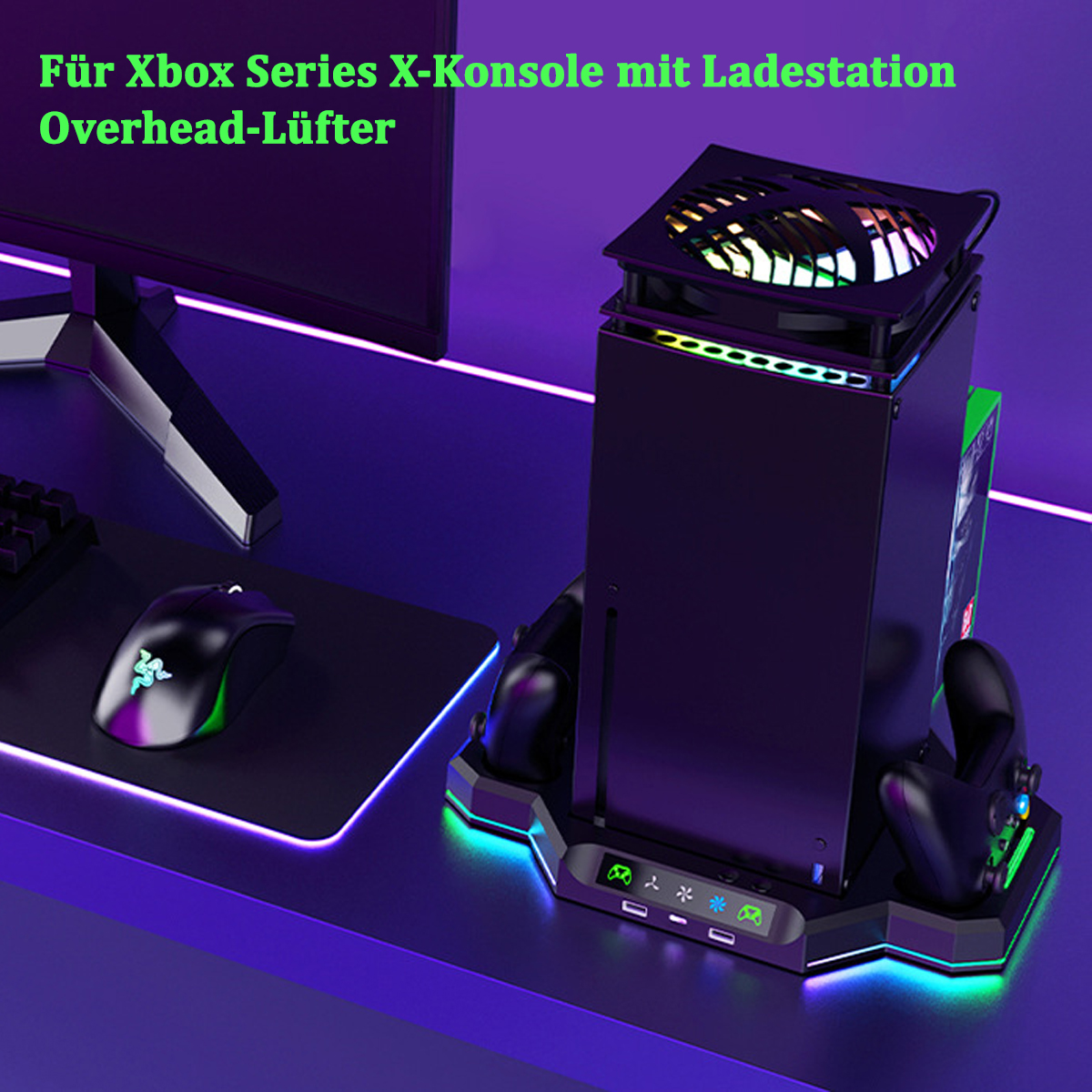 Gaming-Setup für eine Xbox, mit Konsole, Controller-Ständern und einer Maus auf einem Schreibtisch.