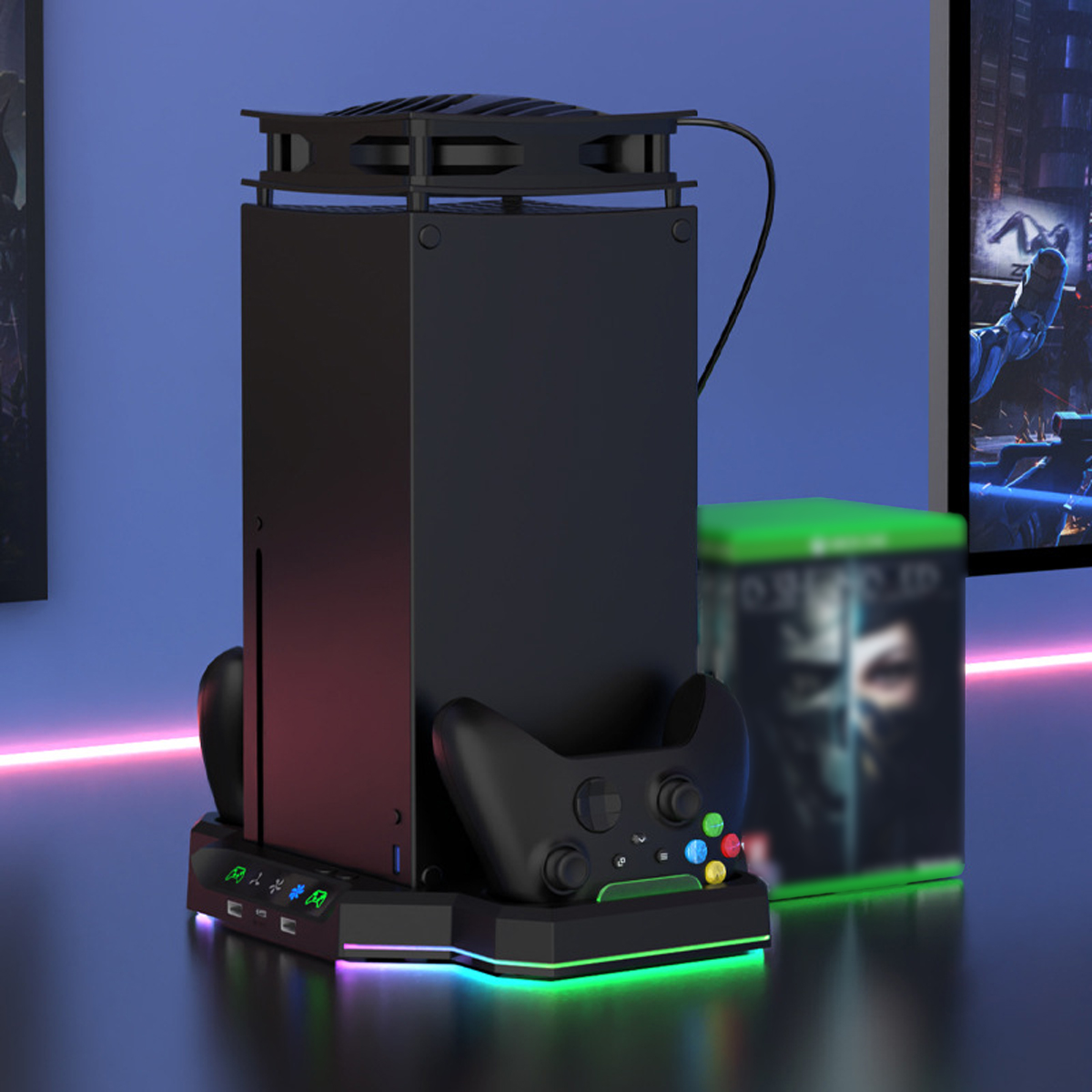 Schwarzer Konsolenständer mit Gamecontroller und Spielen an den Seiten.