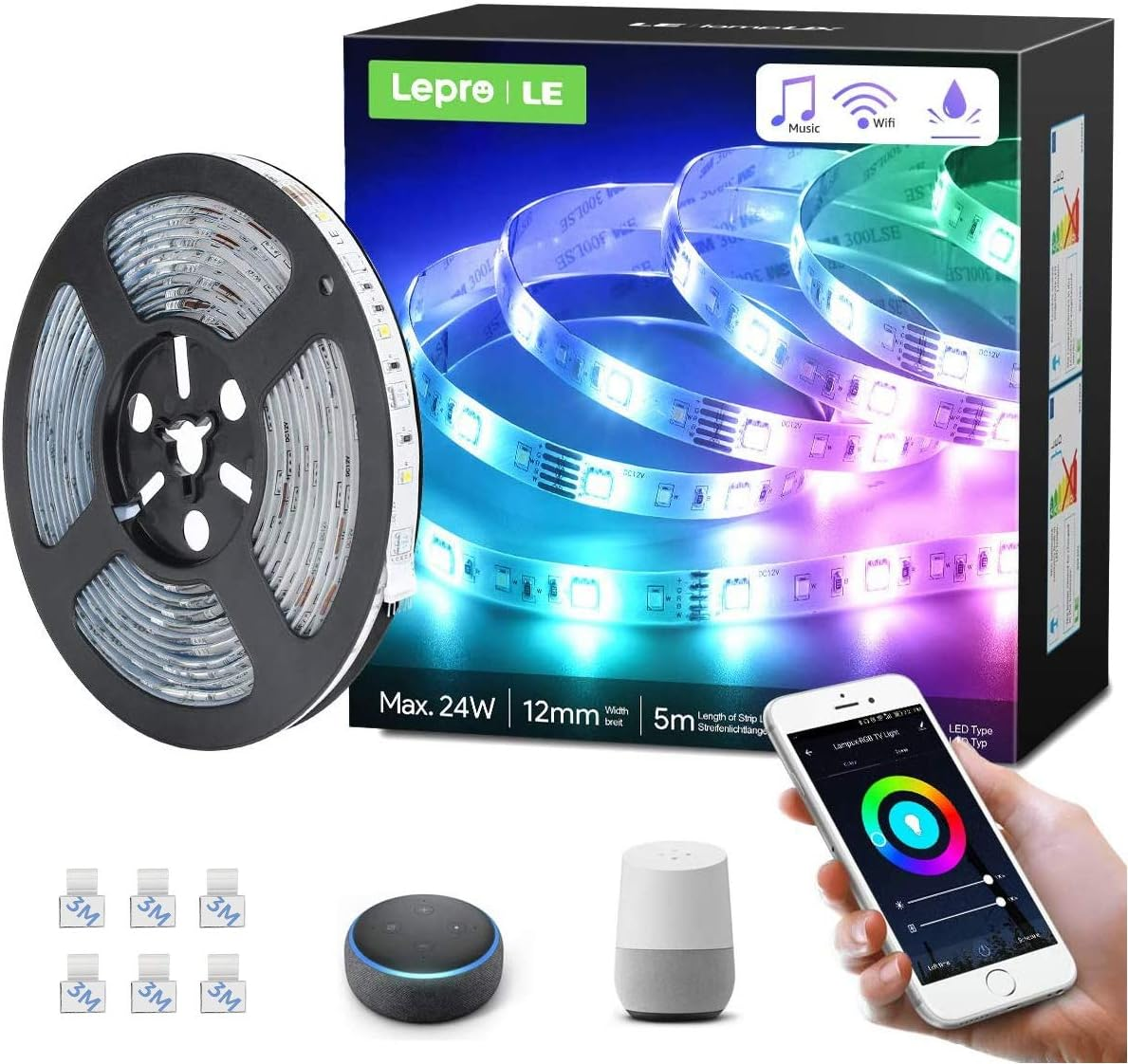 LED-Streifenlichter mit Zubehör, einschließlich Smart-Home-Hub, Fernbedienung und Smartphone mit App.