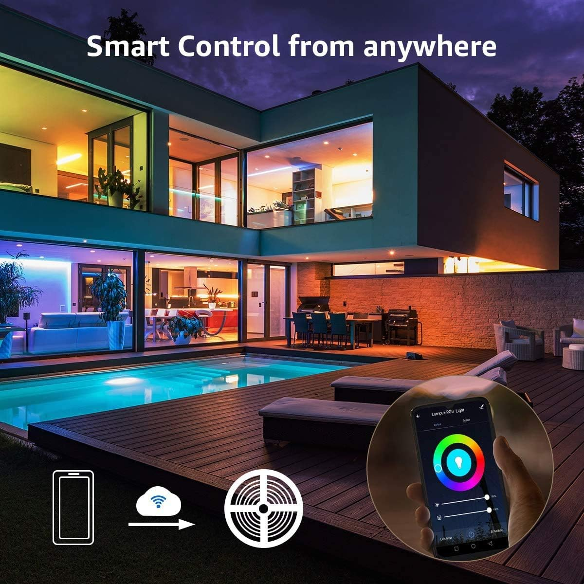 Smart Home mit bunten Lichtern um Pool und Haus. Telefon mit App zur Steuerung.