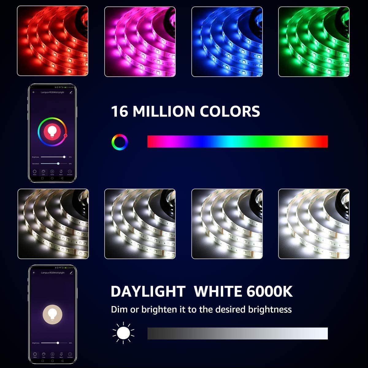 LED-Lichtleisten, die verschiedene Farben zeigen, mit einer Telefonoberfläche und Text.