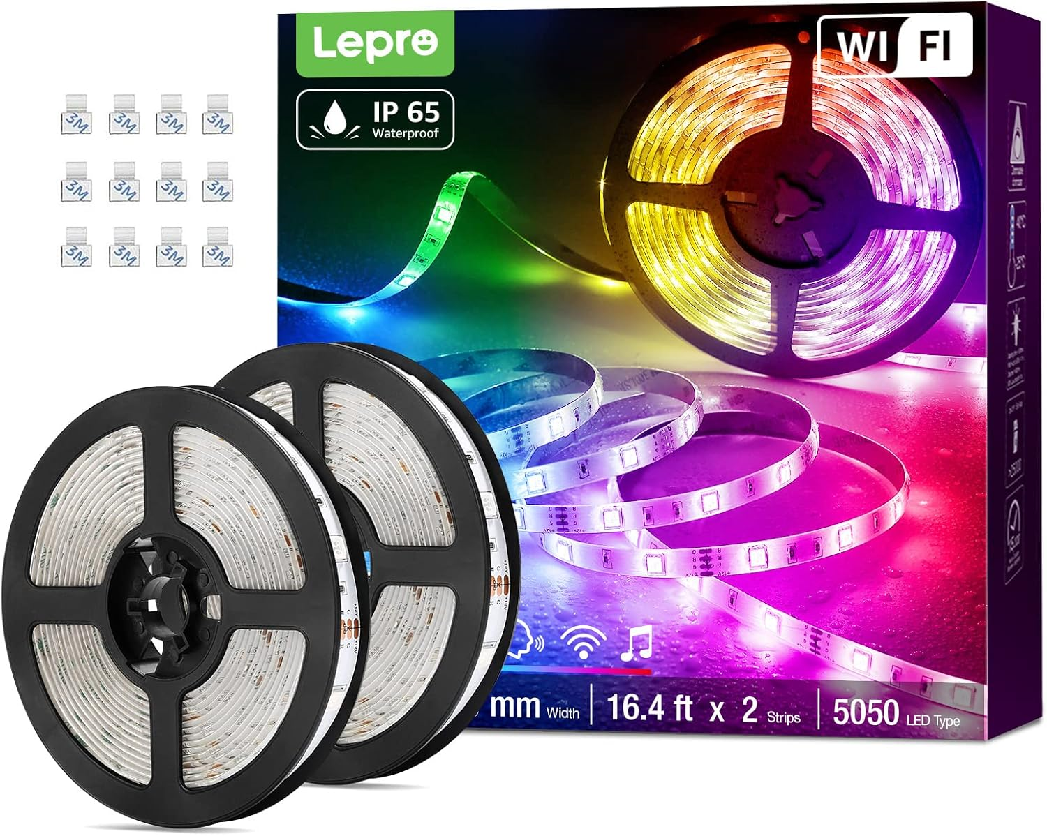Zwei Rollen LED-Streifen mit einer Box und einer Rolle Klebebändern. Weißer Hintergrund.