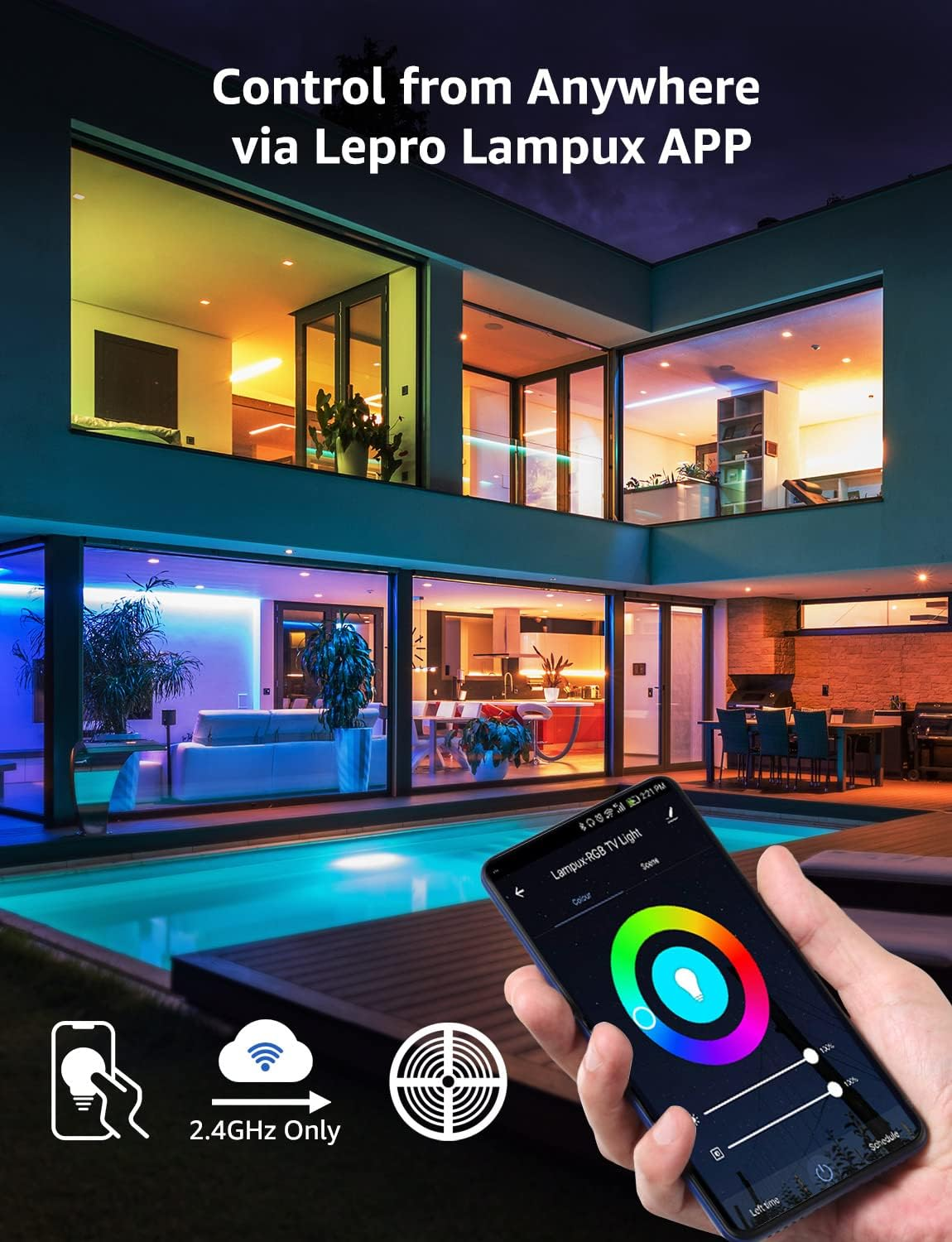 Eine Hand, die ein Telefon hält, steuert Smart-Home-Leuchten mit bunter Oberfläche.