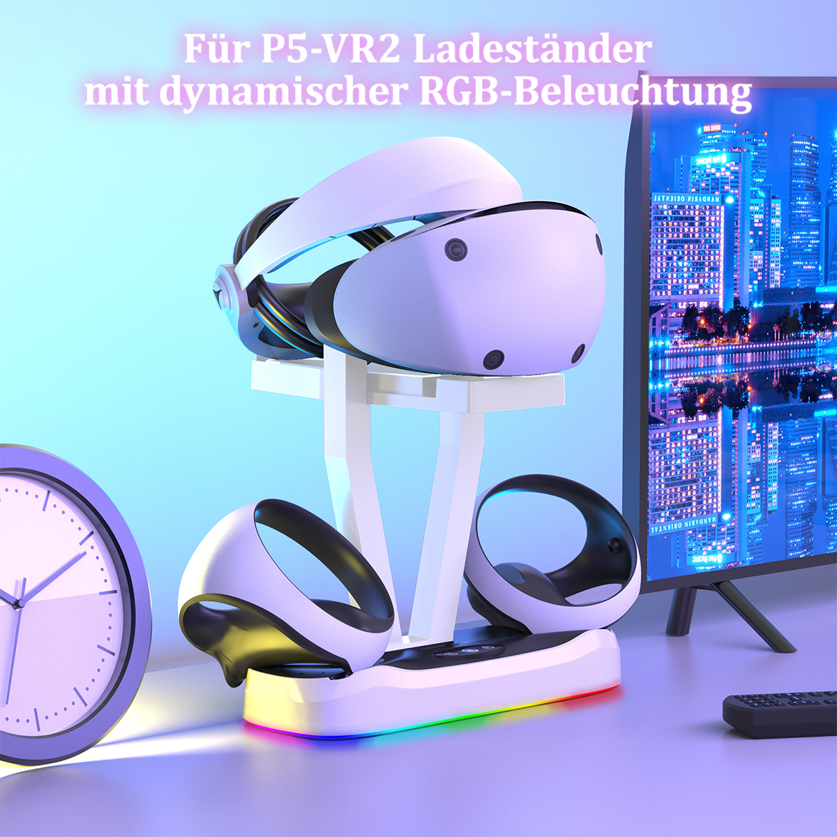 VR-Headset und Controller auf einem Ladeständer mit RGB-Beleuchtung und einer Uhr.