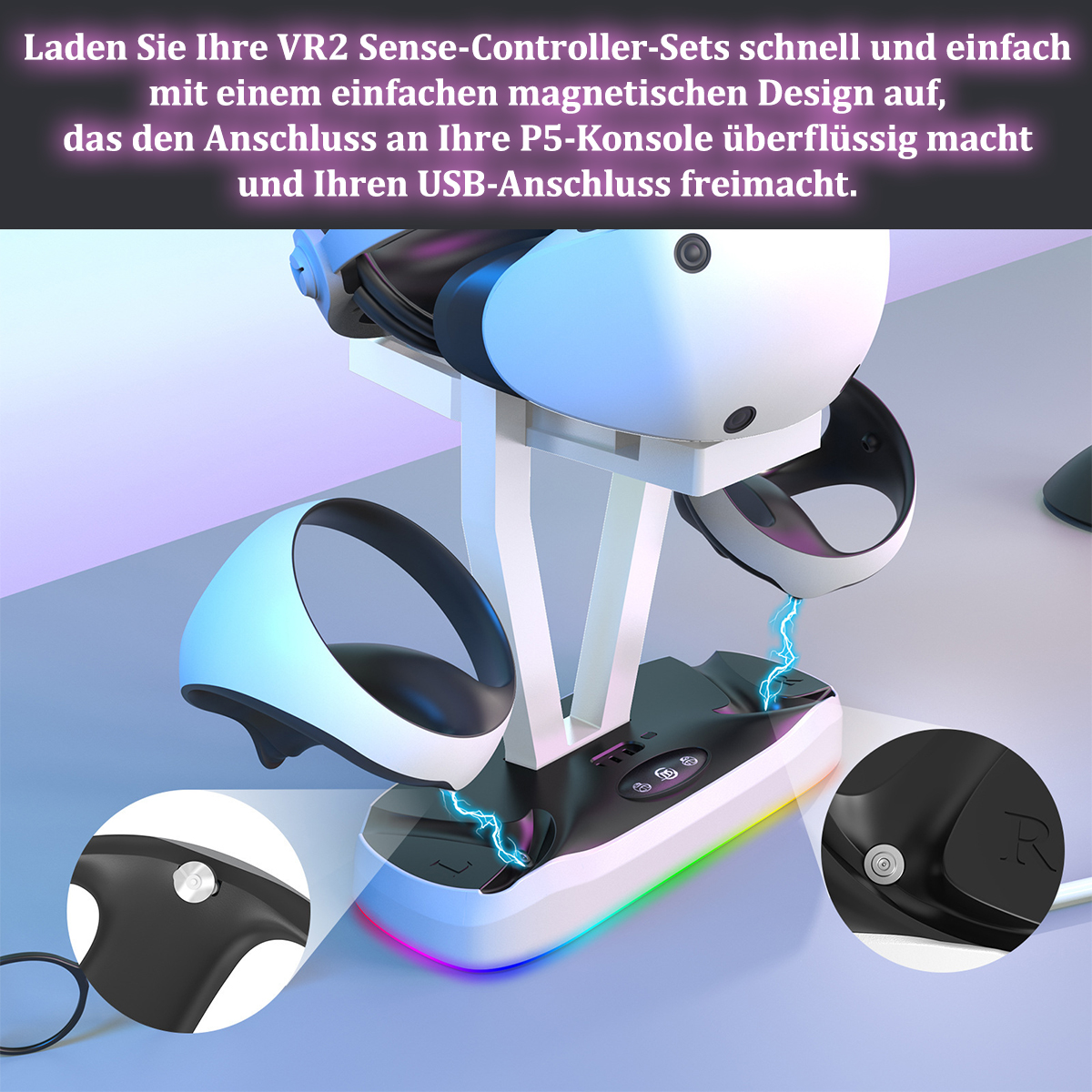 VR2 Sense-Controller Ladestation mit VR-Headset und Controllern, mit bunten Lichtern.