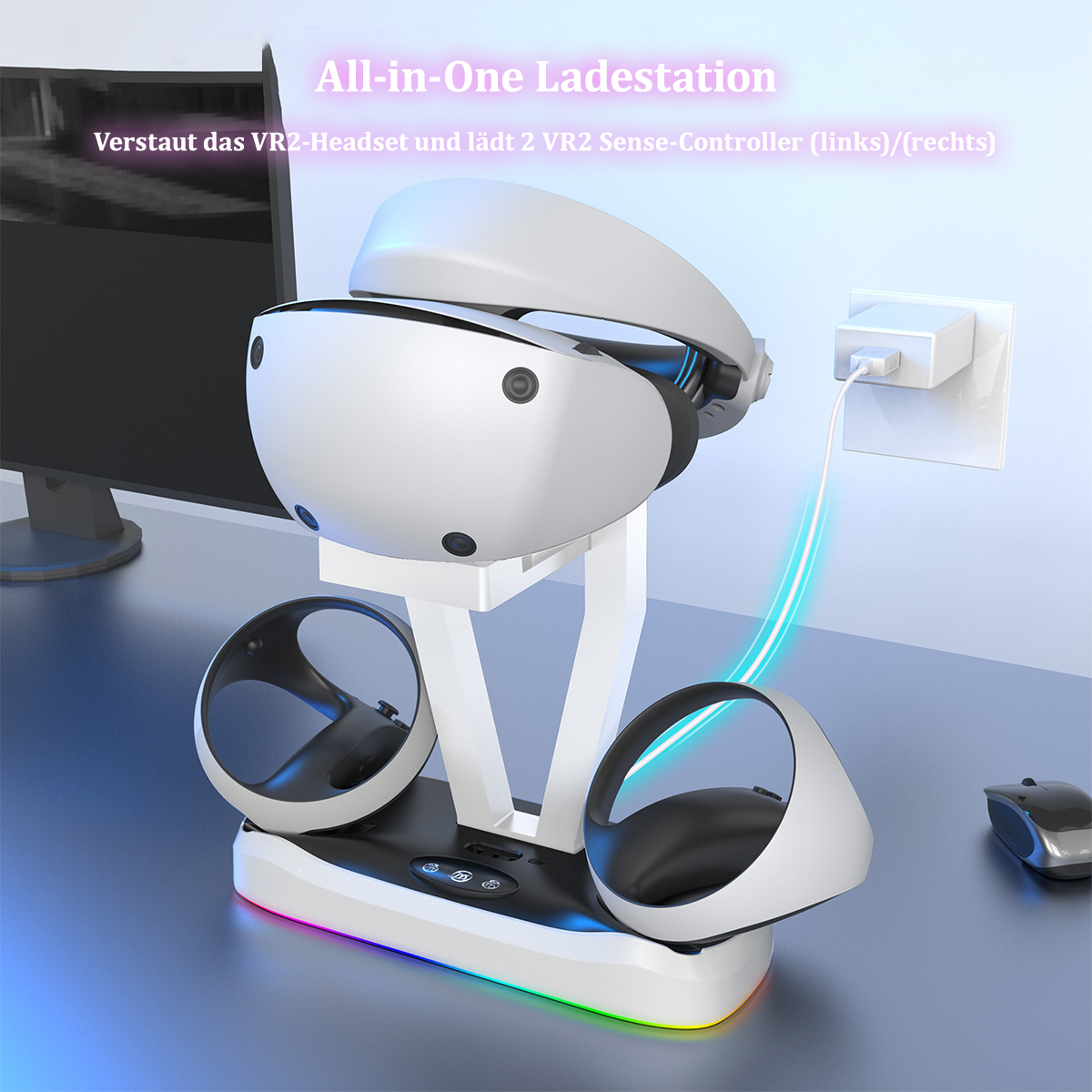VR-Headset und Controller auf einer Ladestation mit farbig beleuchteter Basis.