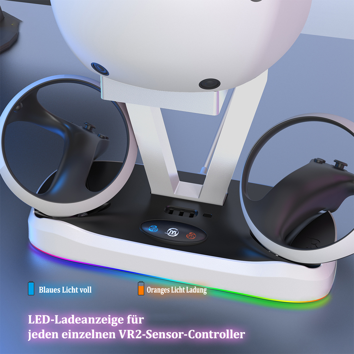 VR-Headset-Basis mit Controllern, LED-Ladeanzeigen und Text.