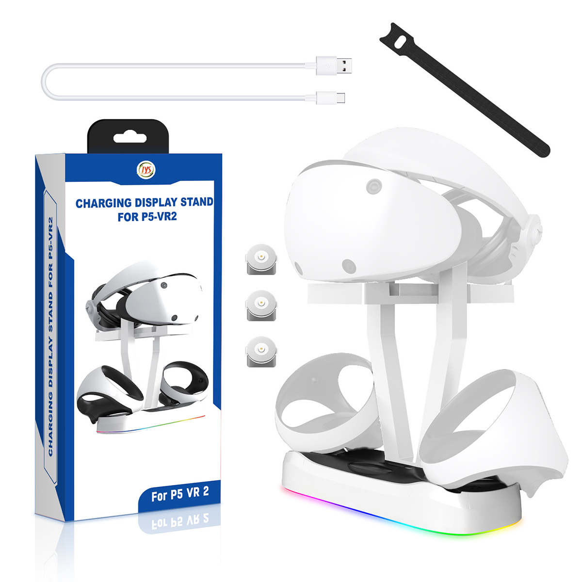 Weißer VR-Headset-Ladeständer mit Zubehör und Produktverpackung.