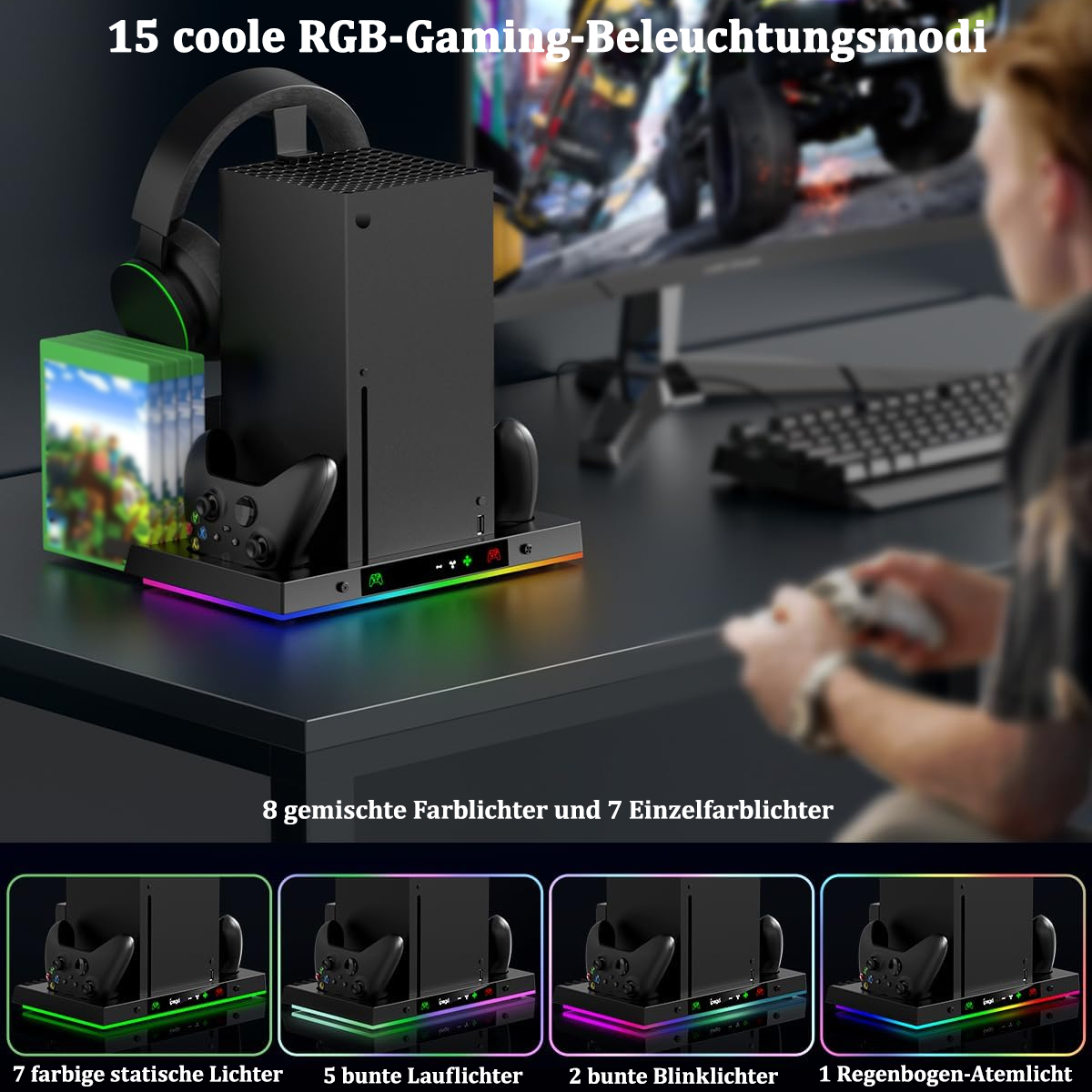 Gaming-Setup mit Konsole, Controllern und Lichtern. Text bewirbt 15 RGB-Beleuchtungsmodi.