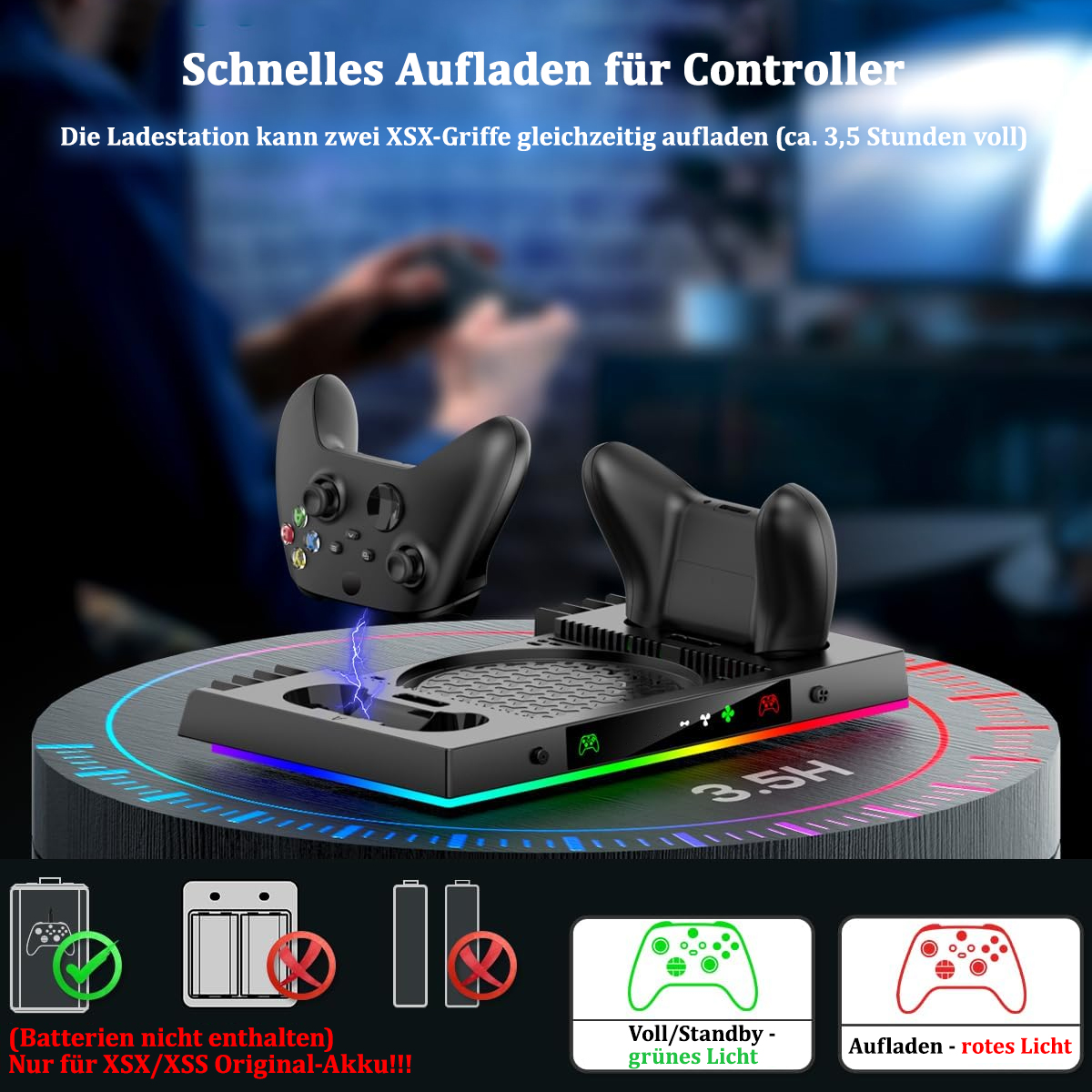Ladestation für Gamecontroller. Controller sind schwarz. Bunte Lichter und Text.
