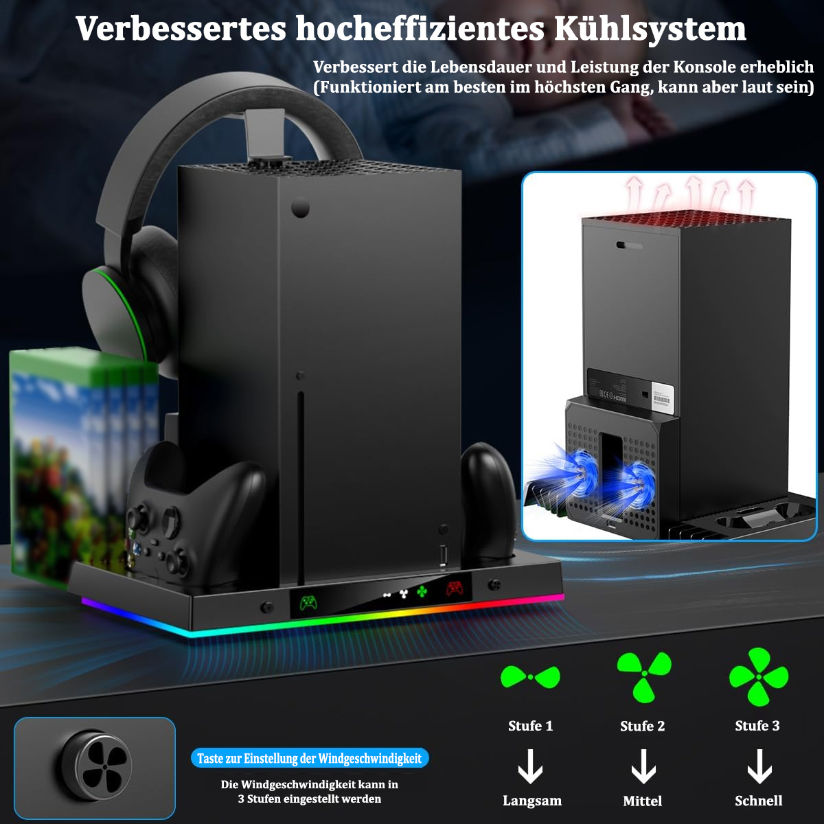 Schwarze Konsole mit Kühlsystem. Schwarzer Controller und Ständer. Drei Lüftergeschwindigkeitsanzeigen.