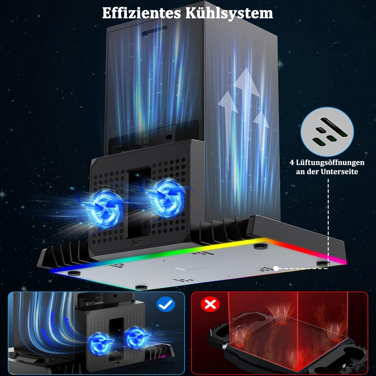 Kühlständer für eine Spielkonsole mit blauem und weißem Licht, mit Diagrammen.