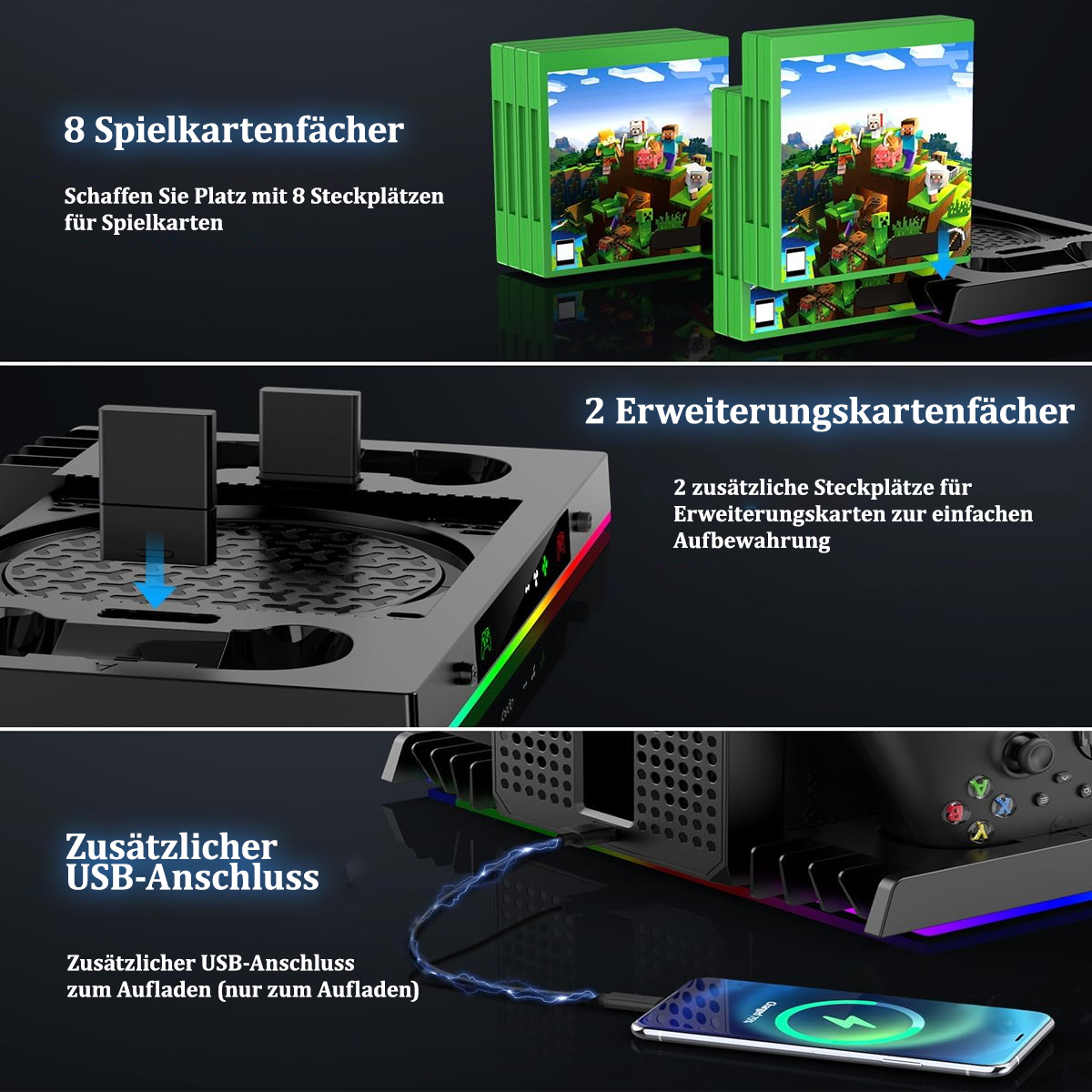 Bilder, die ein multifunktionales Gerät mit Kartensteckplätzen, USB und Aufladung detailliert zeigen.