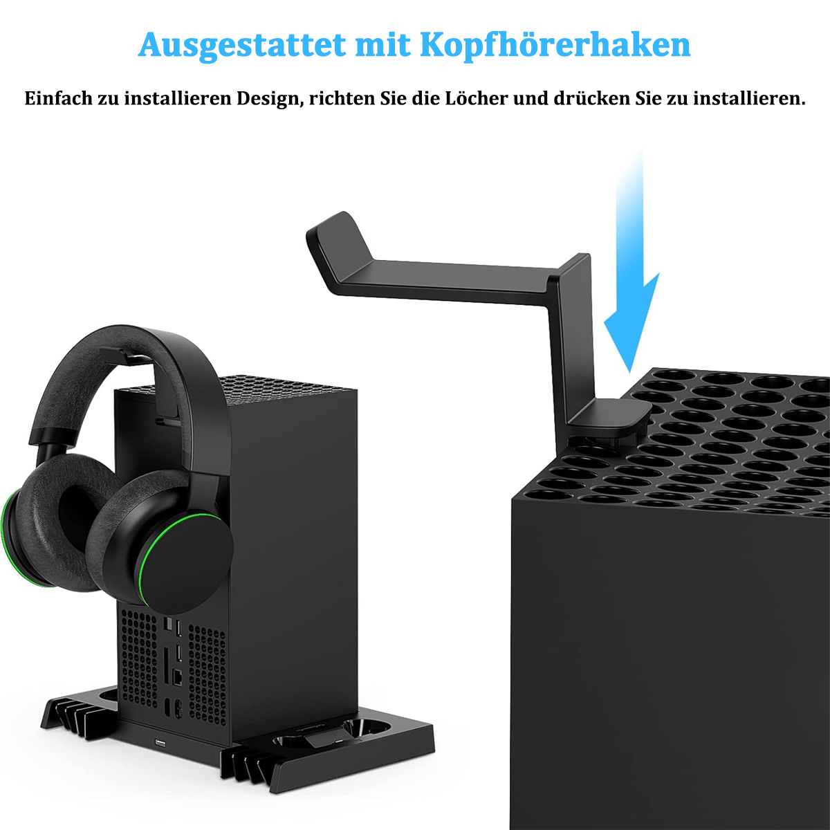 Kopfhörer hängen an einem schwarzen Ständer, der an einer Konsole befestigt ist. Schwarze Konsole und Ständer.