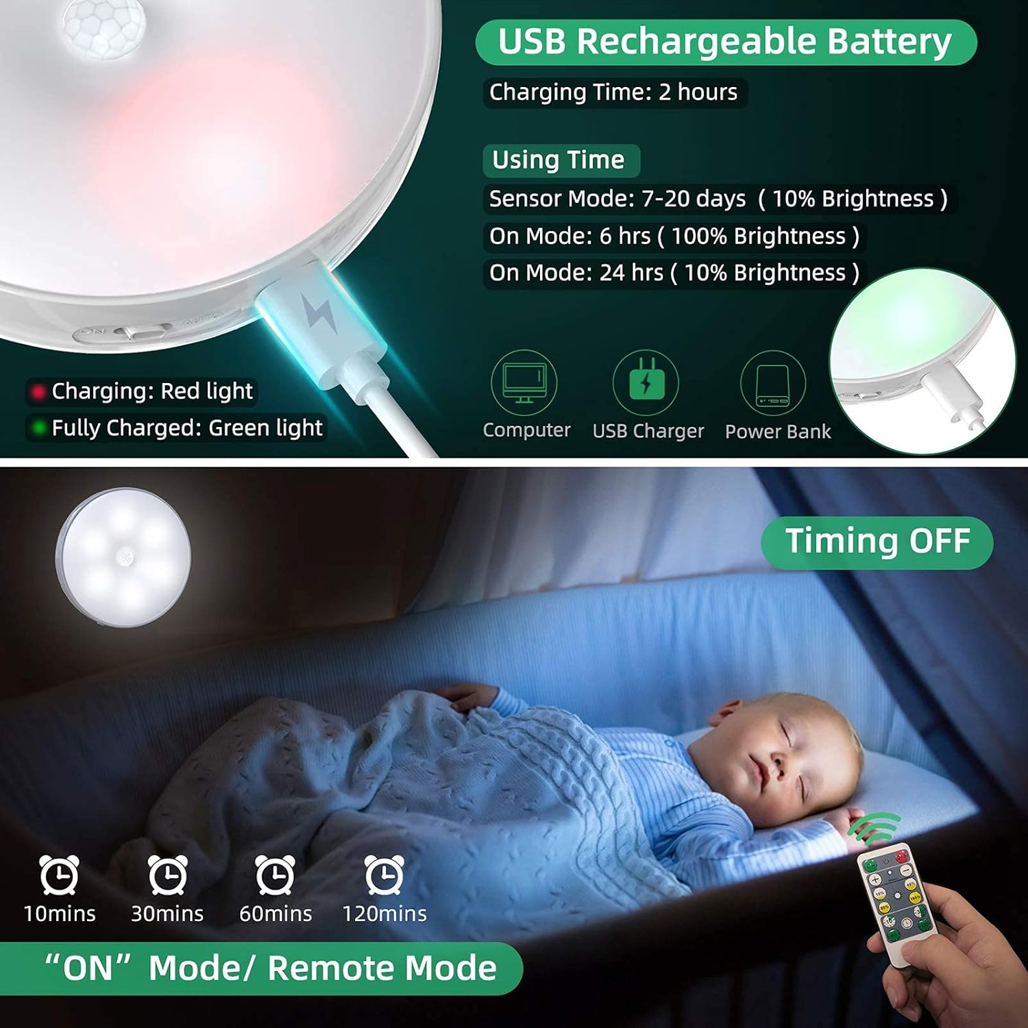 Ein Baby schläft in einem Kinderbett. Im Hintergrund befindet sich ein Gerät, das Licht- und Zeitoptionen bietet.