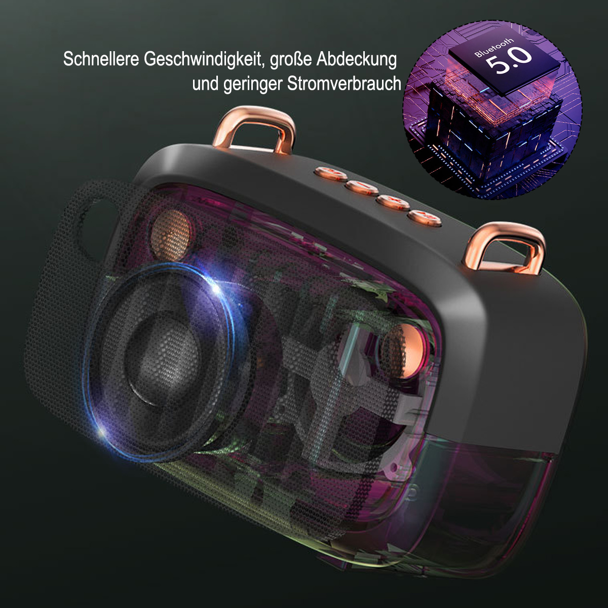 Schwarzer Lautsprecher mit leuchtendem Innenraum. Bluetooth 5.0-Symbol oben rechts.