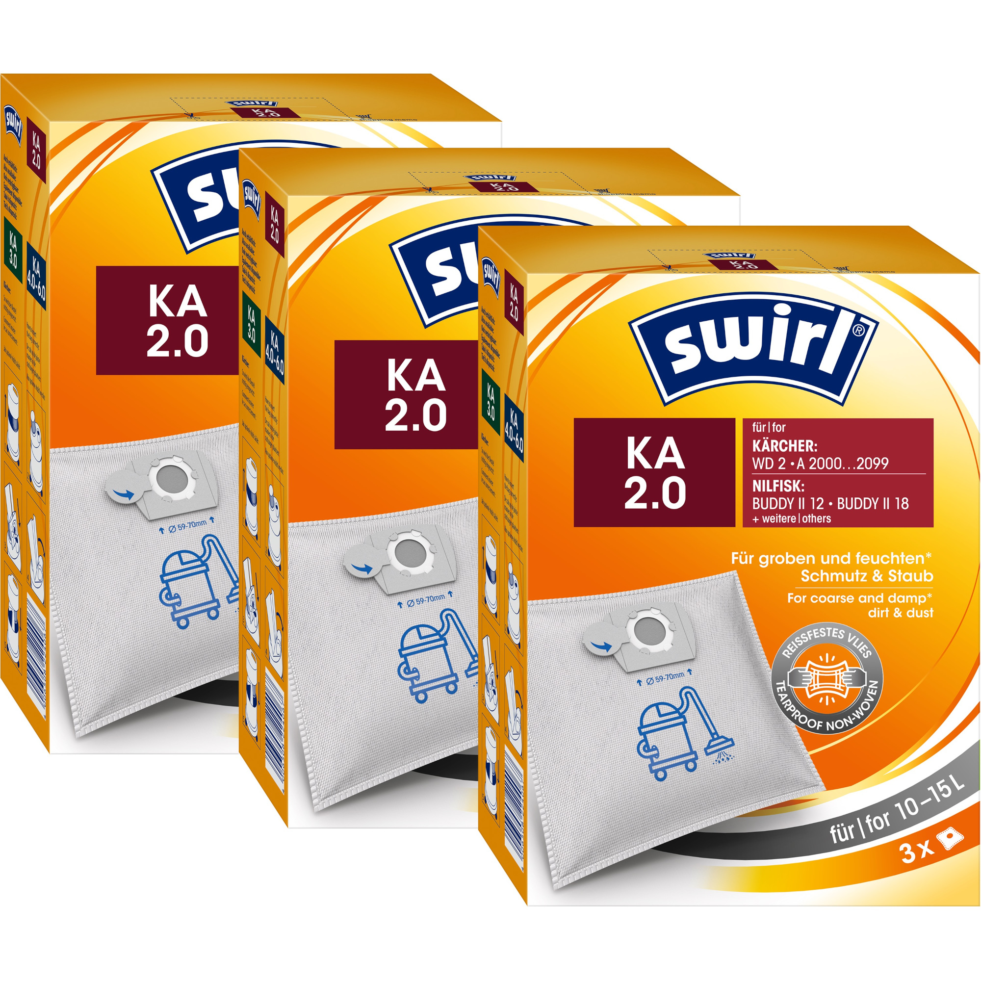 Drei Kartons mit Swirl KA 2.0 Staubsaugerbeuteln. Text und Logos sind auf den Kartons sichtbar.