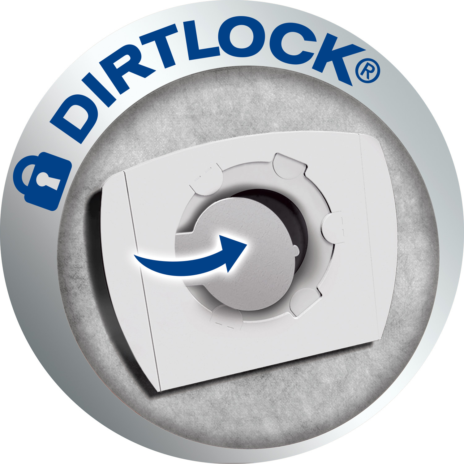 Weißes Produkt mit Pfeil und DIRT LOCK. Ein Schloss-Symbol befindet sich links. Grauer Hintergrund.