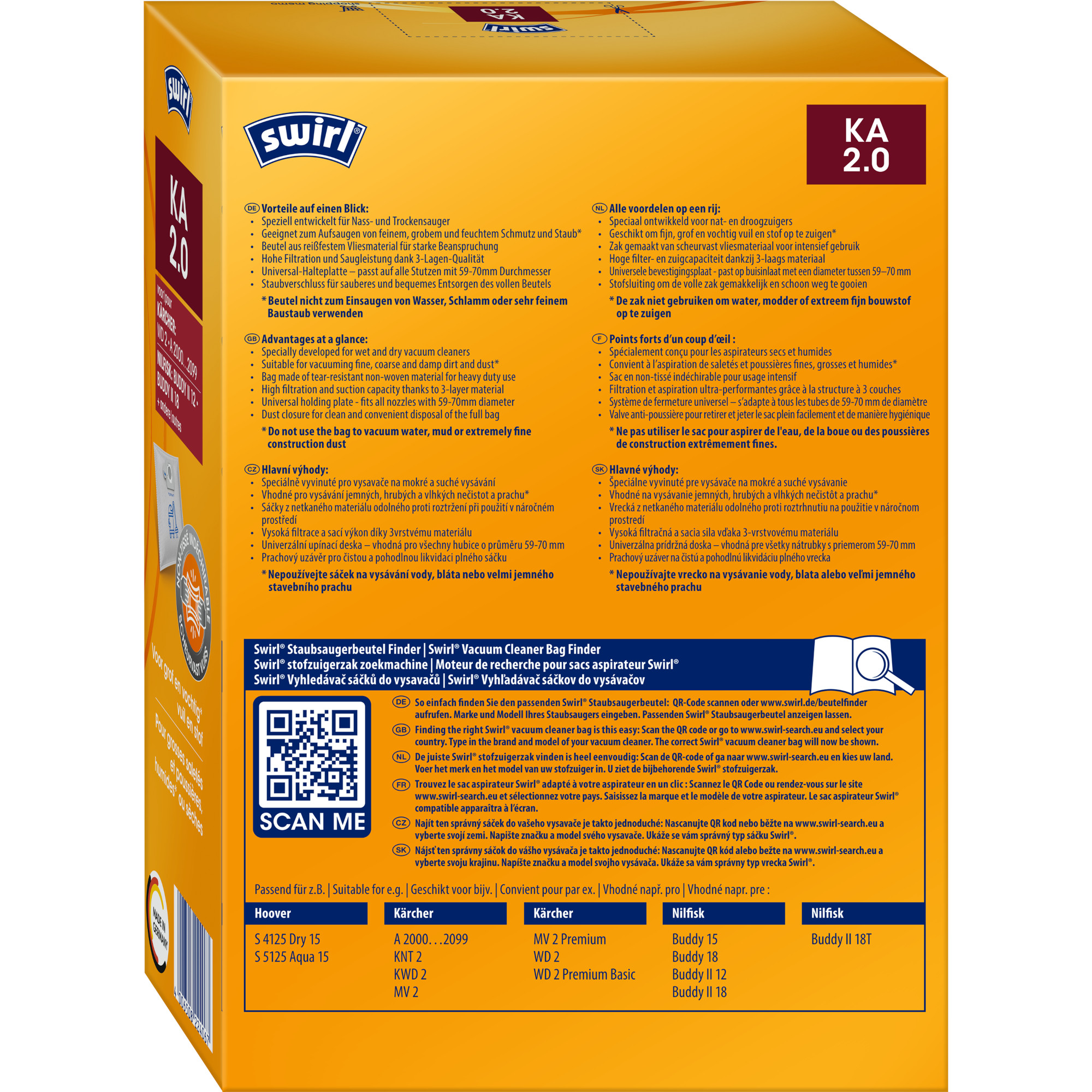 Eine Box mit Text in mehreren Sprachen, mit Produktdetails und einem Staubsaugerdiagramm.