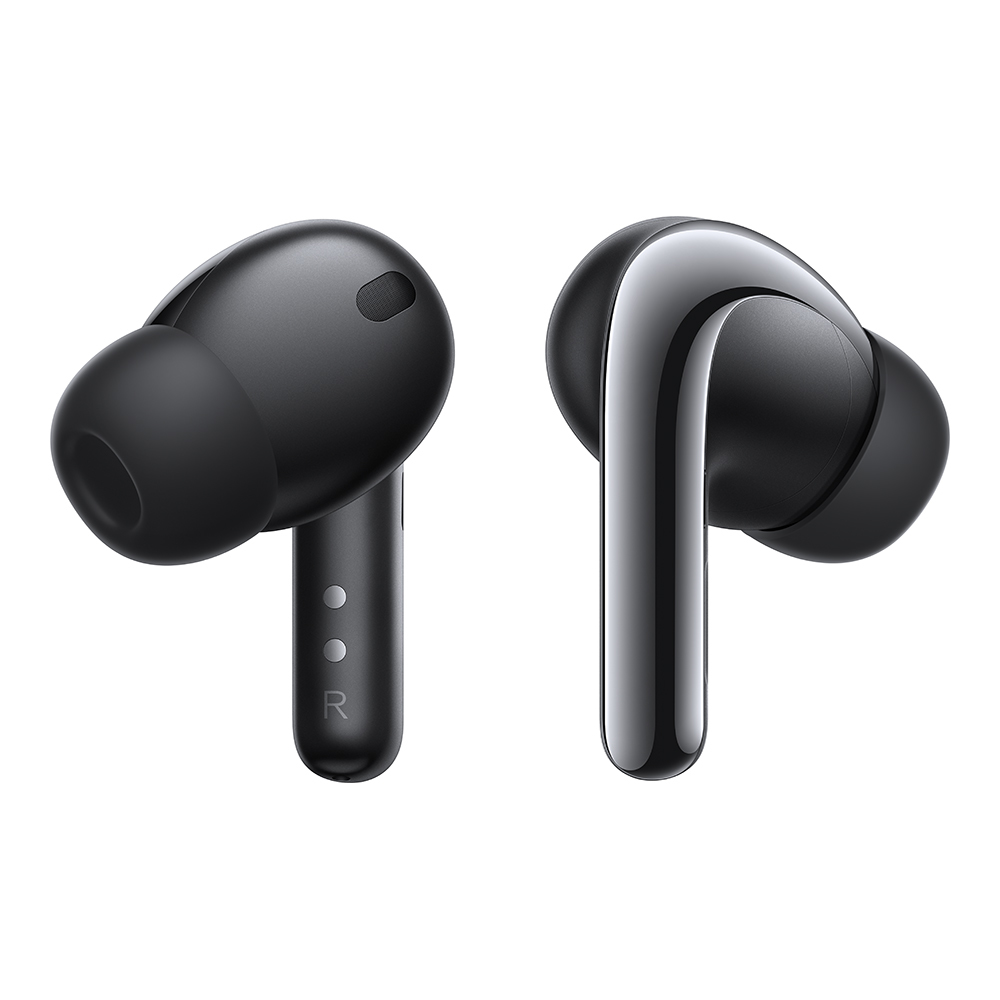 Schwarze Ohrhörer mit Metallic-Finish. Der linke Ohrhörer hat ein 'R' für rechts.