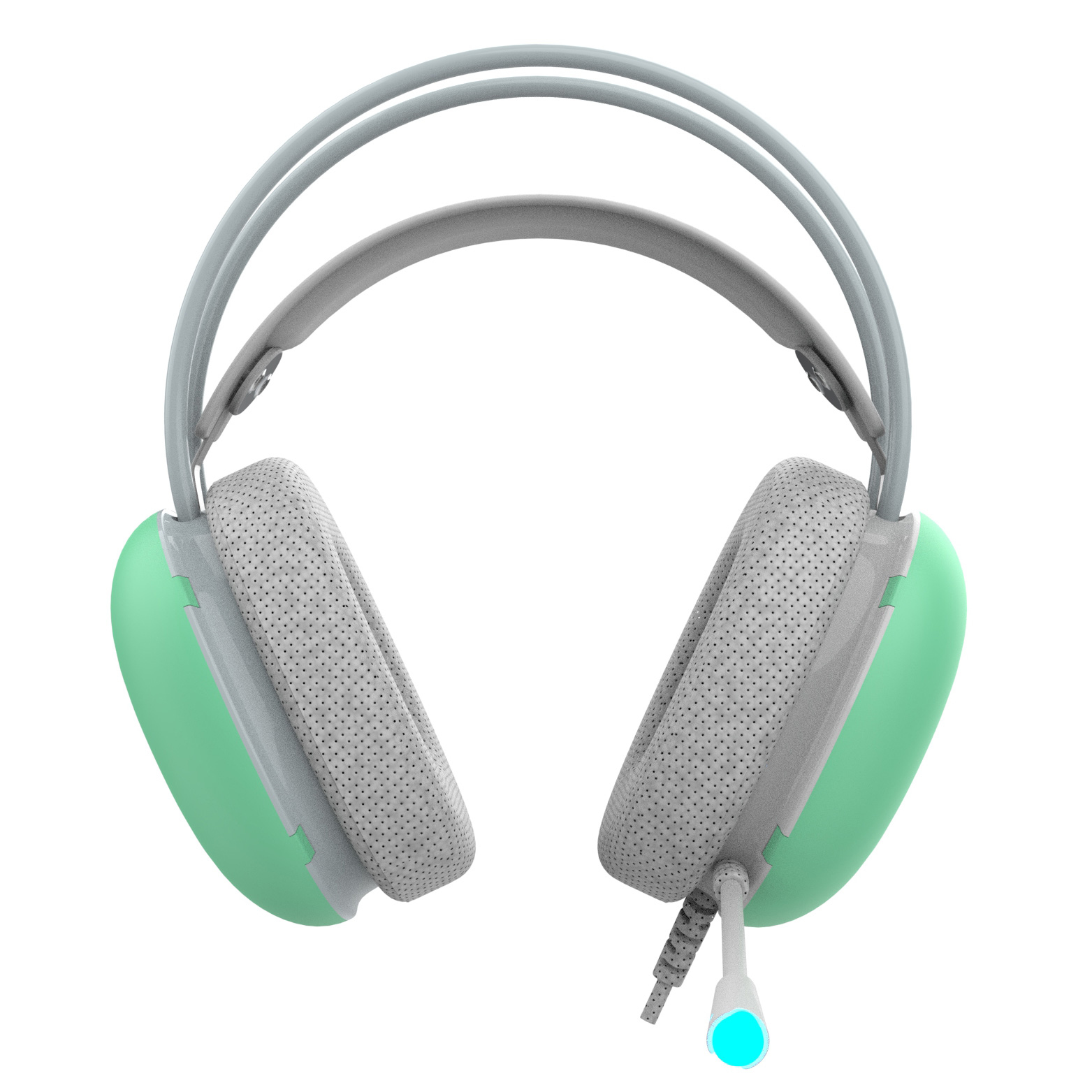 Mint green and gray headphones with a microphone, isolated on white.