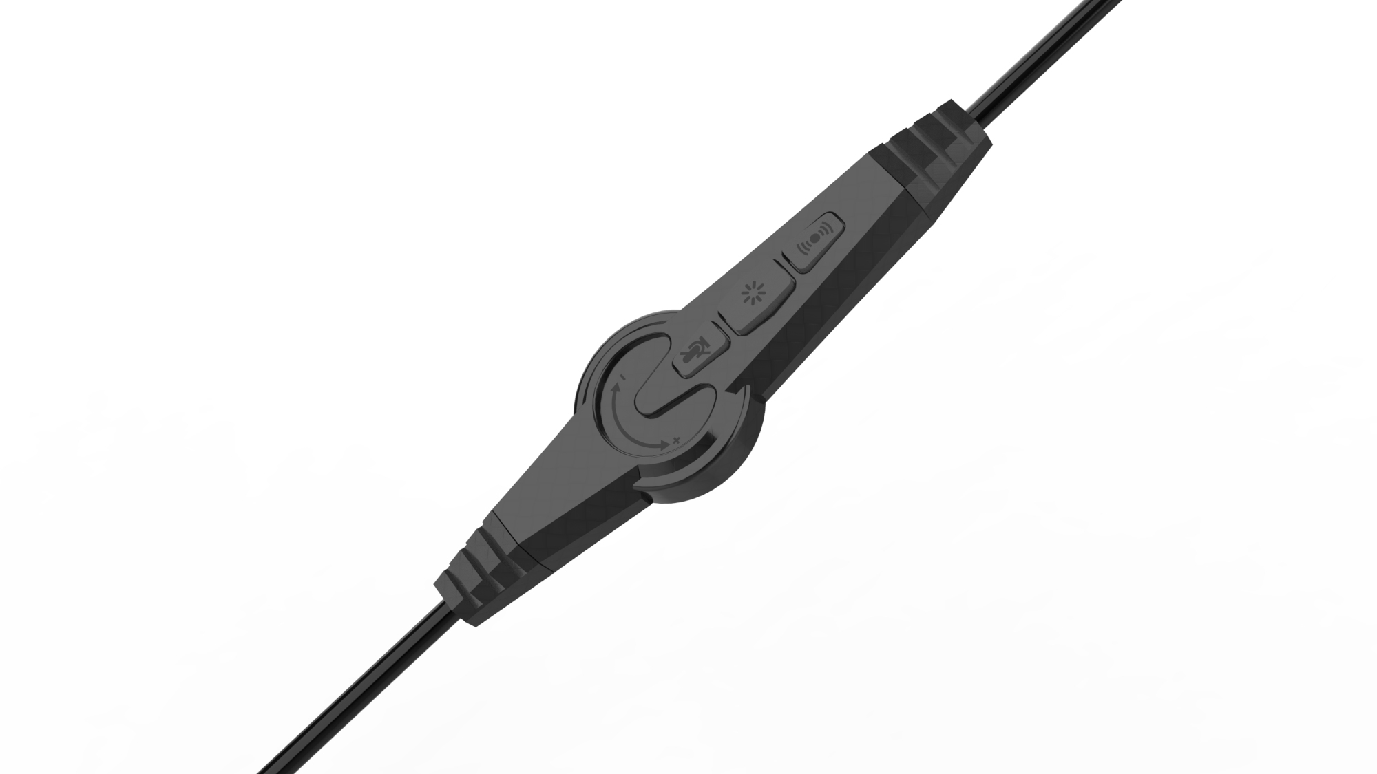 Primo piano di un controller microfonico in linea nero con pulsanti sul cavo.