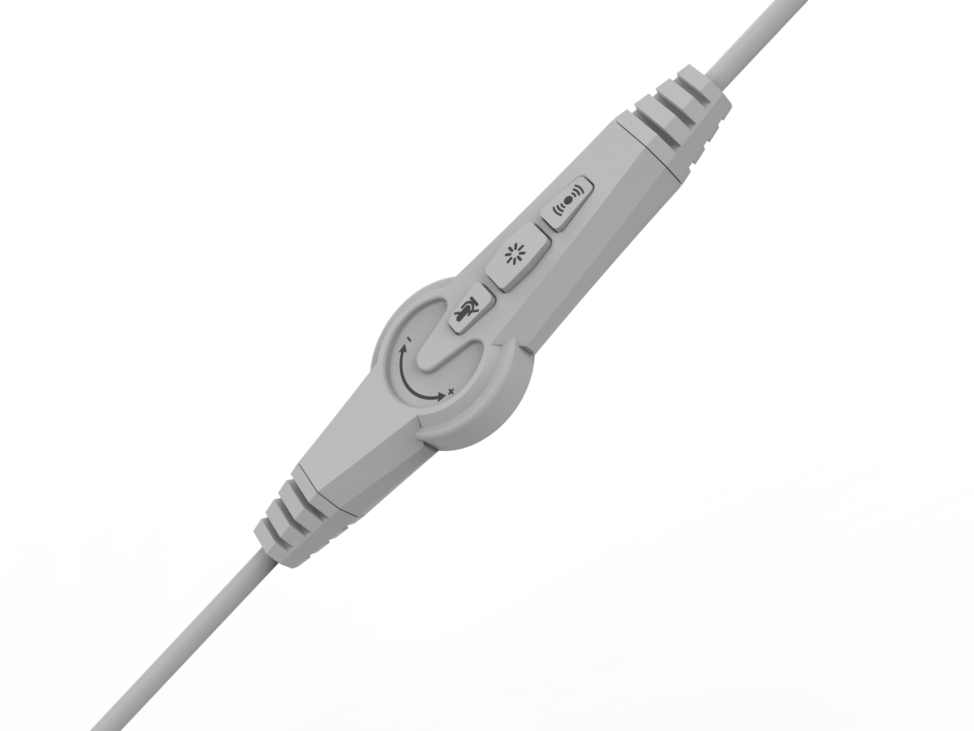 A close-up view of a control module on a white cable, with buttons for various functions, is shown.