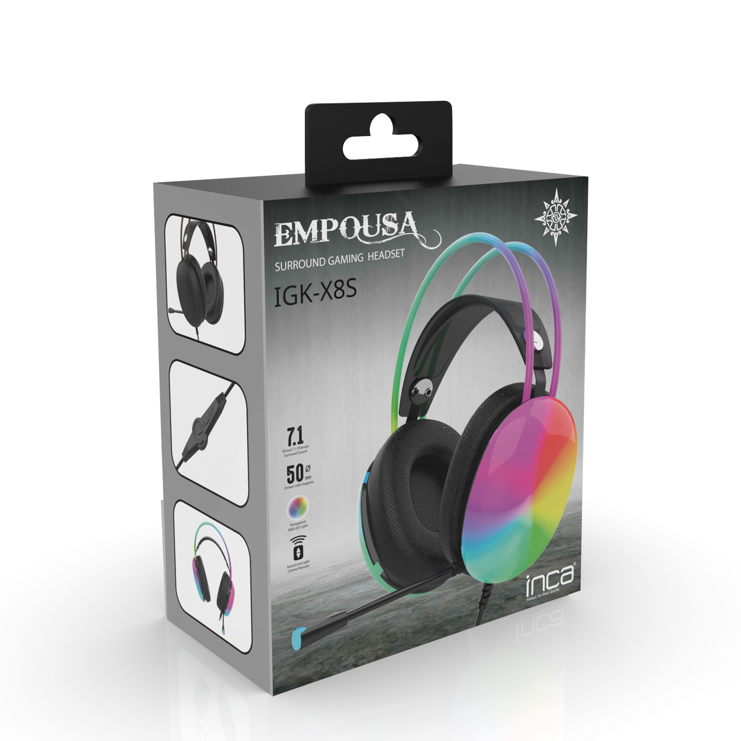 Scatola per cuffie con cuffie da gioco colorate. La scatola ha una maniglia e un headset.