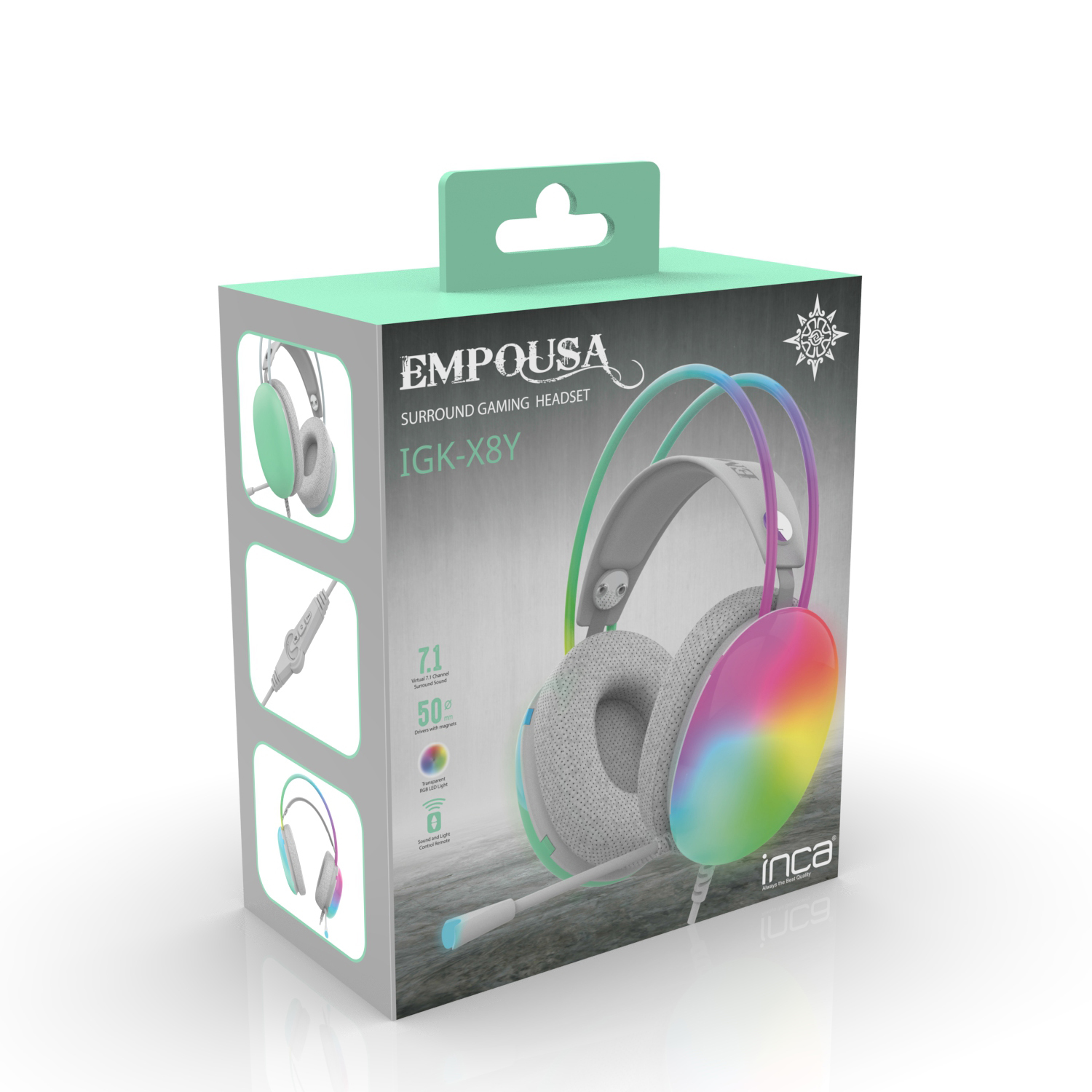 A headset box with a colorful design. The box shows a headset and has text about the product.