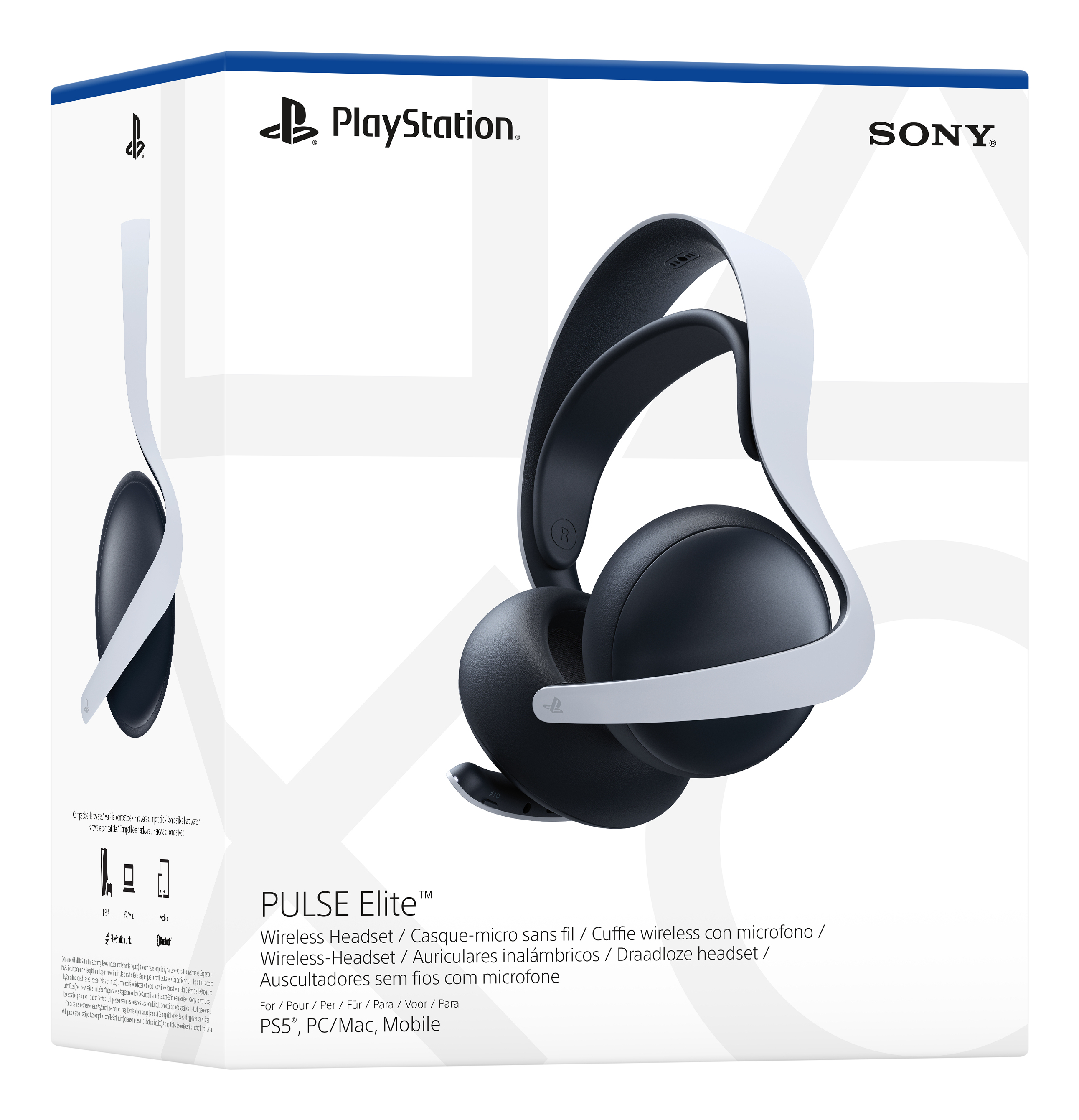 Pudełko z zestawem słuchawkowym PlayStation Pulse Elite. Biało-czarny design. Marka u góry po lewej.