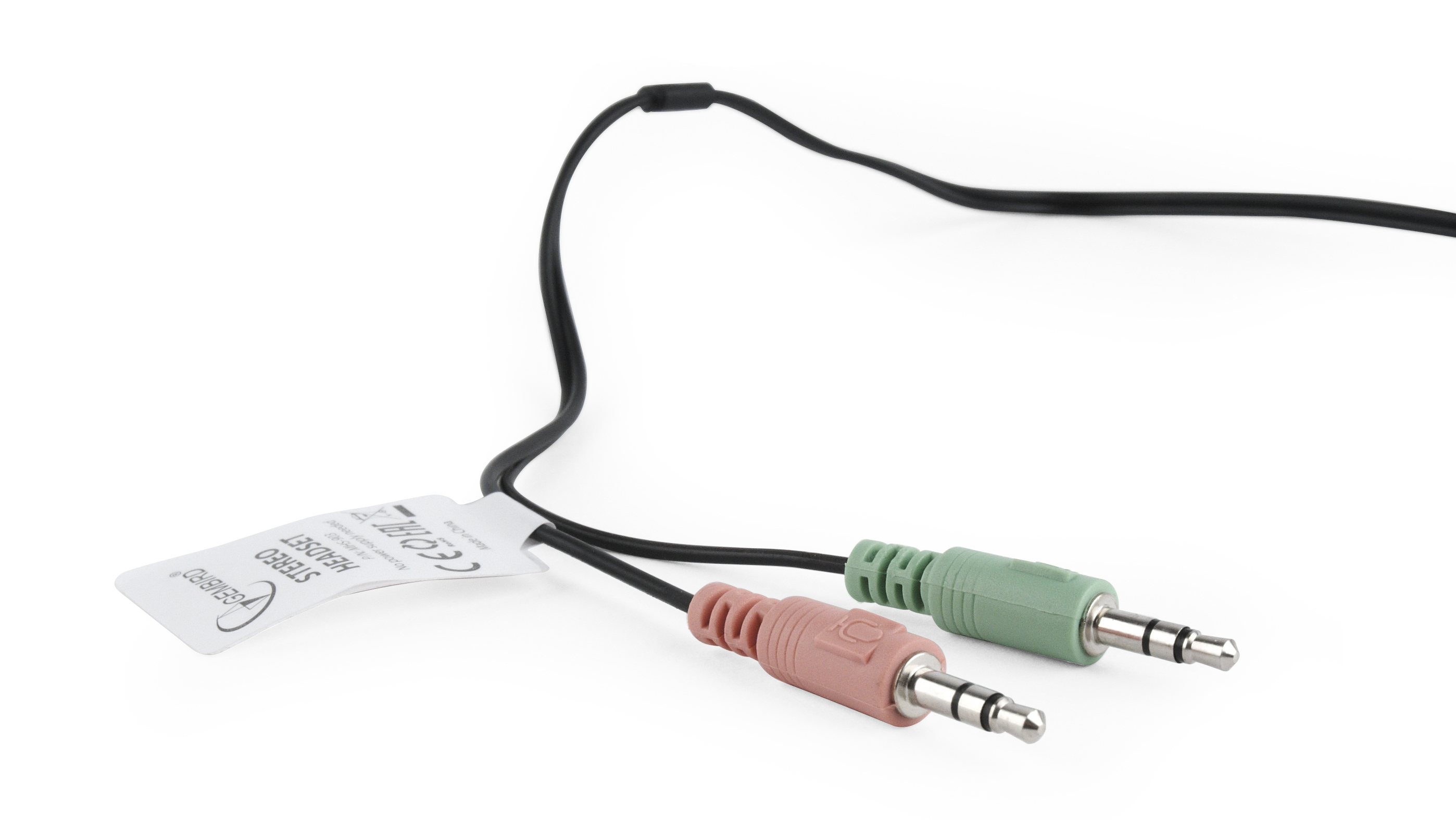 Kabel zestawu słuchawkowego stereo z różowymi i zielonymi złączami. Dołączona biała etykieta.