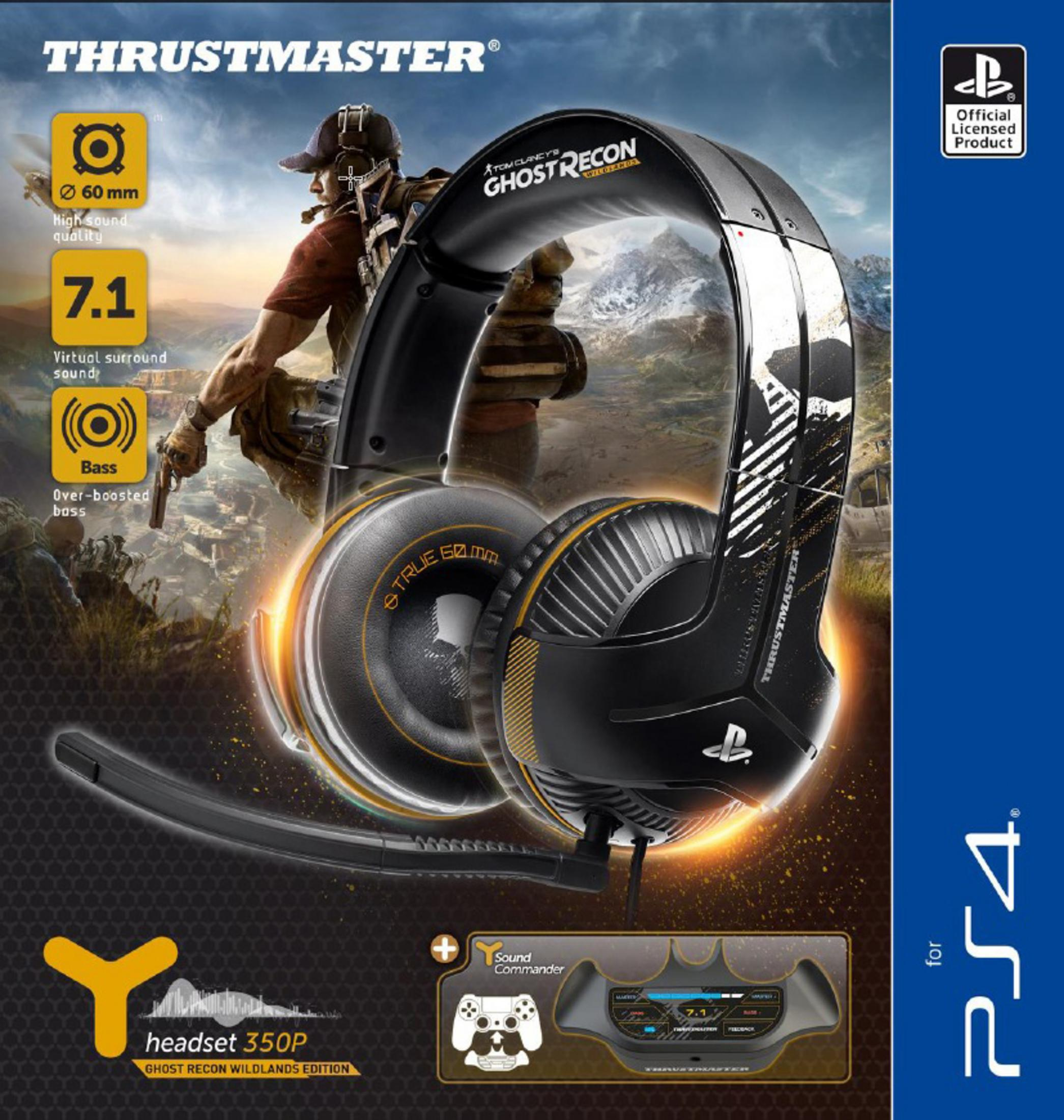 Czarny i żółty karton słuchawek Thrustmaster, z grafiką słuchawek i logo PS4.