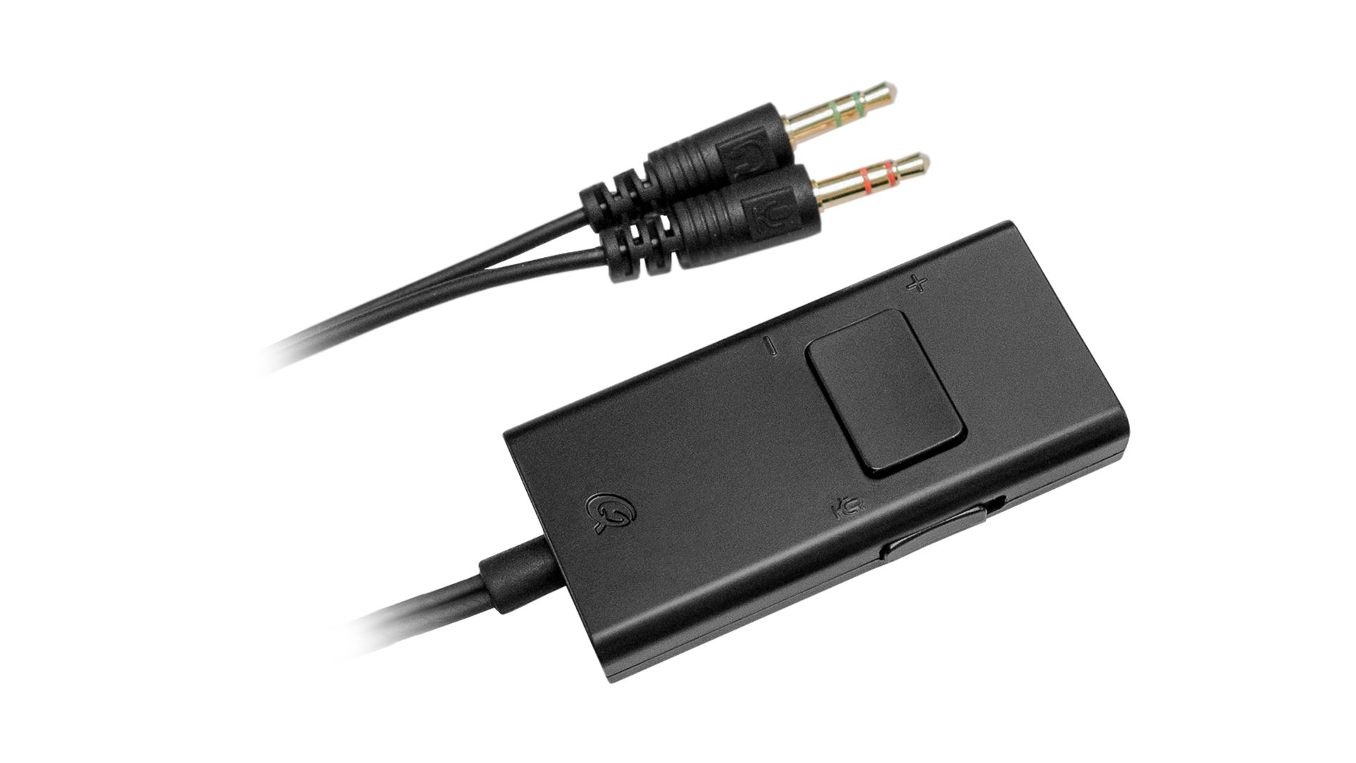 Czarny adapter audio z dwoma gniazdami 3,5 mm i modułem sterowania. Białe tło.