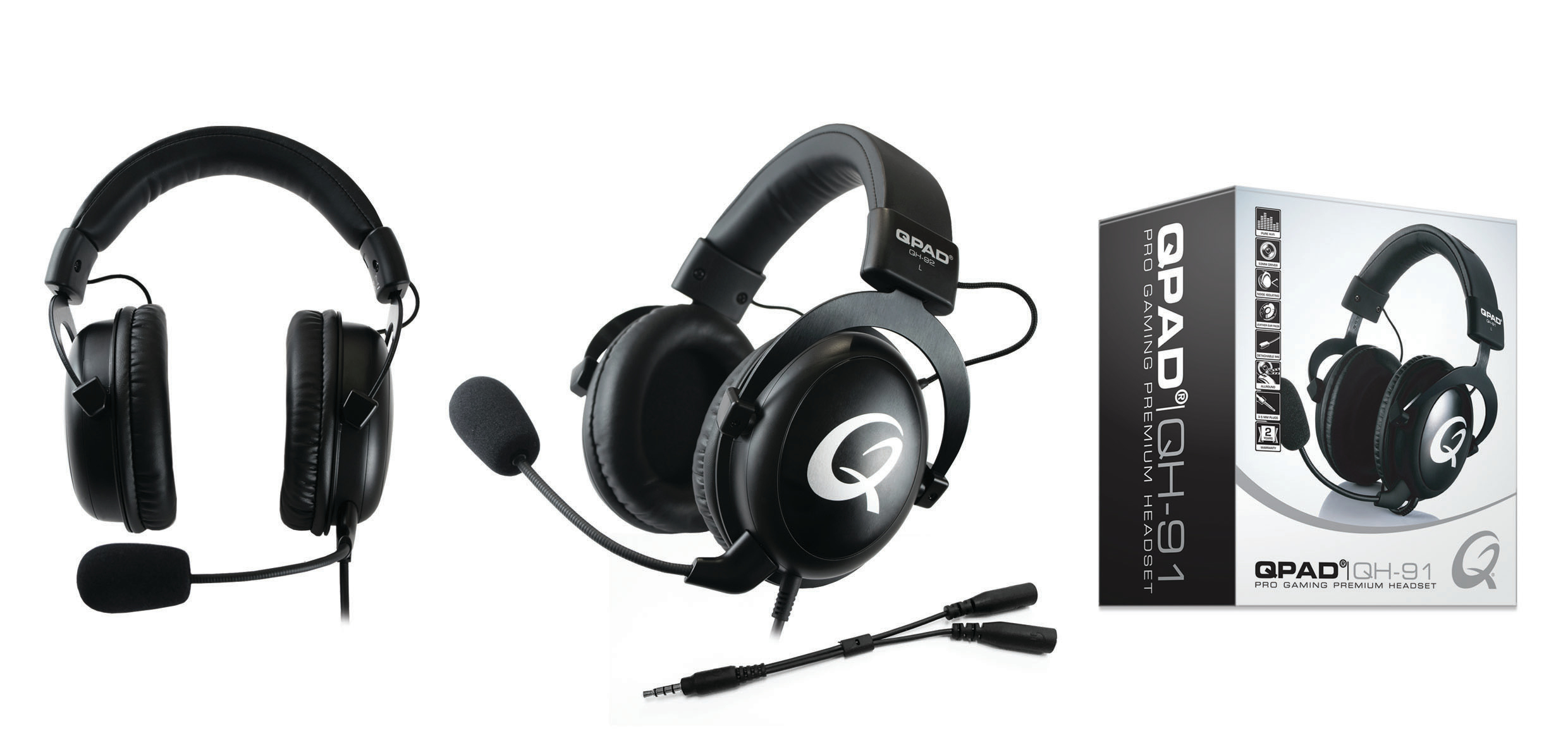 Trzy czarne zestawy słuchawkowe dla graczy z mikrofonami i pudełko na zestaw słuchawkowy.