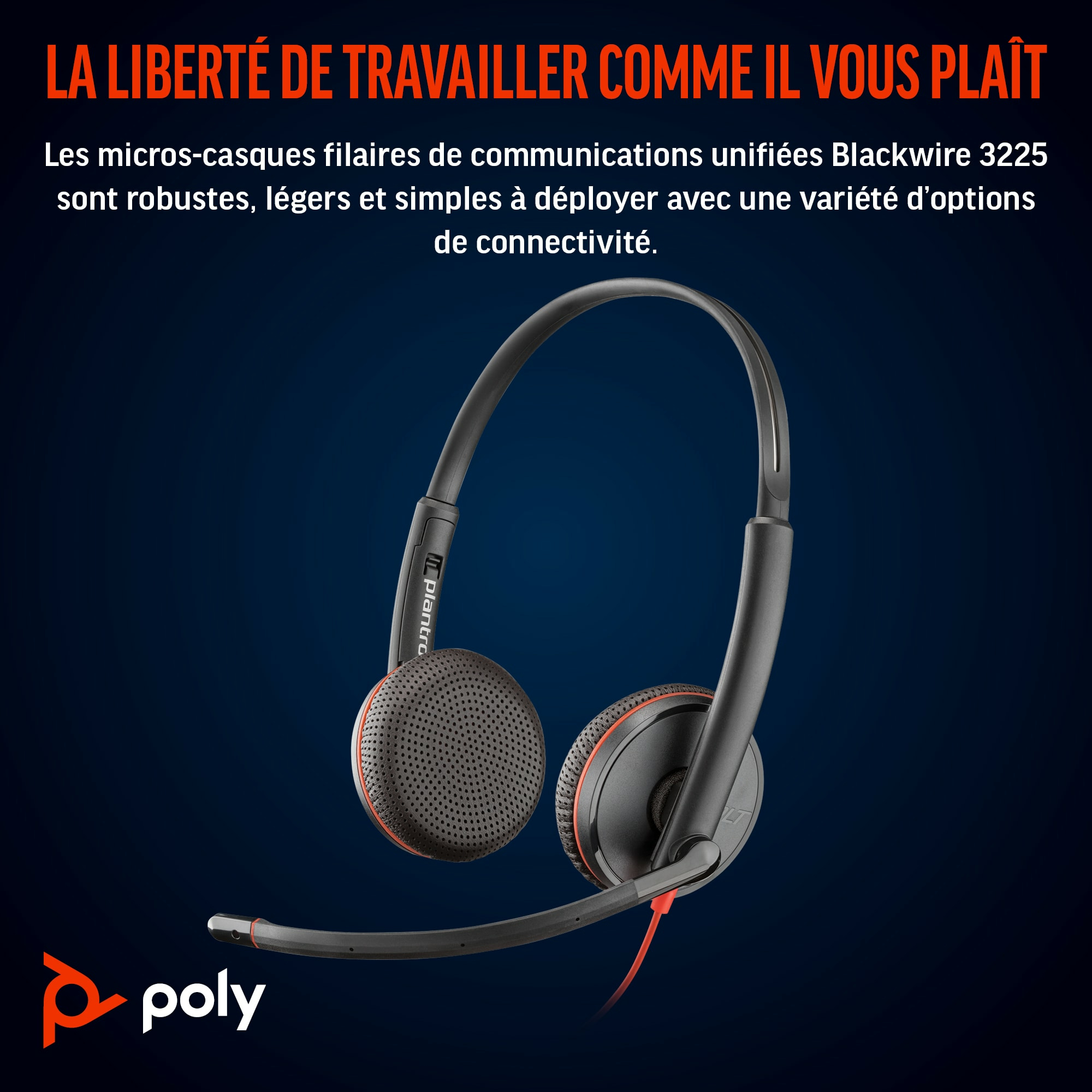 Casque noir avec détails rouges. Texte : LA LIBERTÉ DE TRAVAILLER COMME IL VOUS PLAÎT.