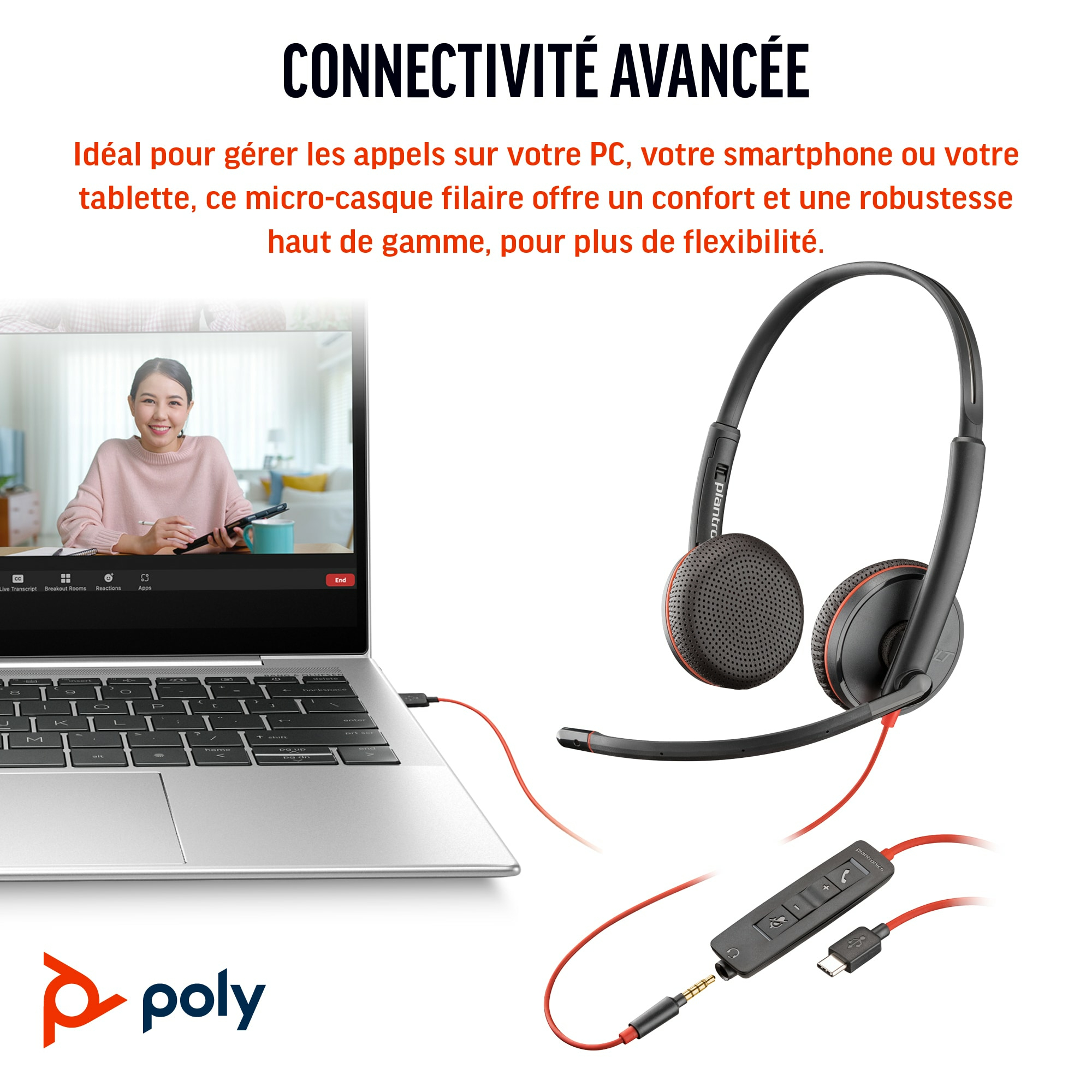 Une personne en appel vidéo utilisant un ordinateur portable, avec un casque et du texte sur la connectivité avancée.