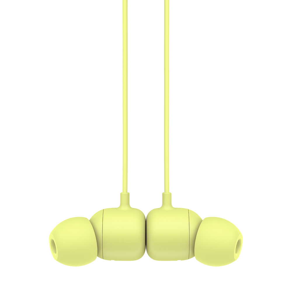 Żółte słuchawki douszne. Dwie wkładki douszne z przewodem łączącym.