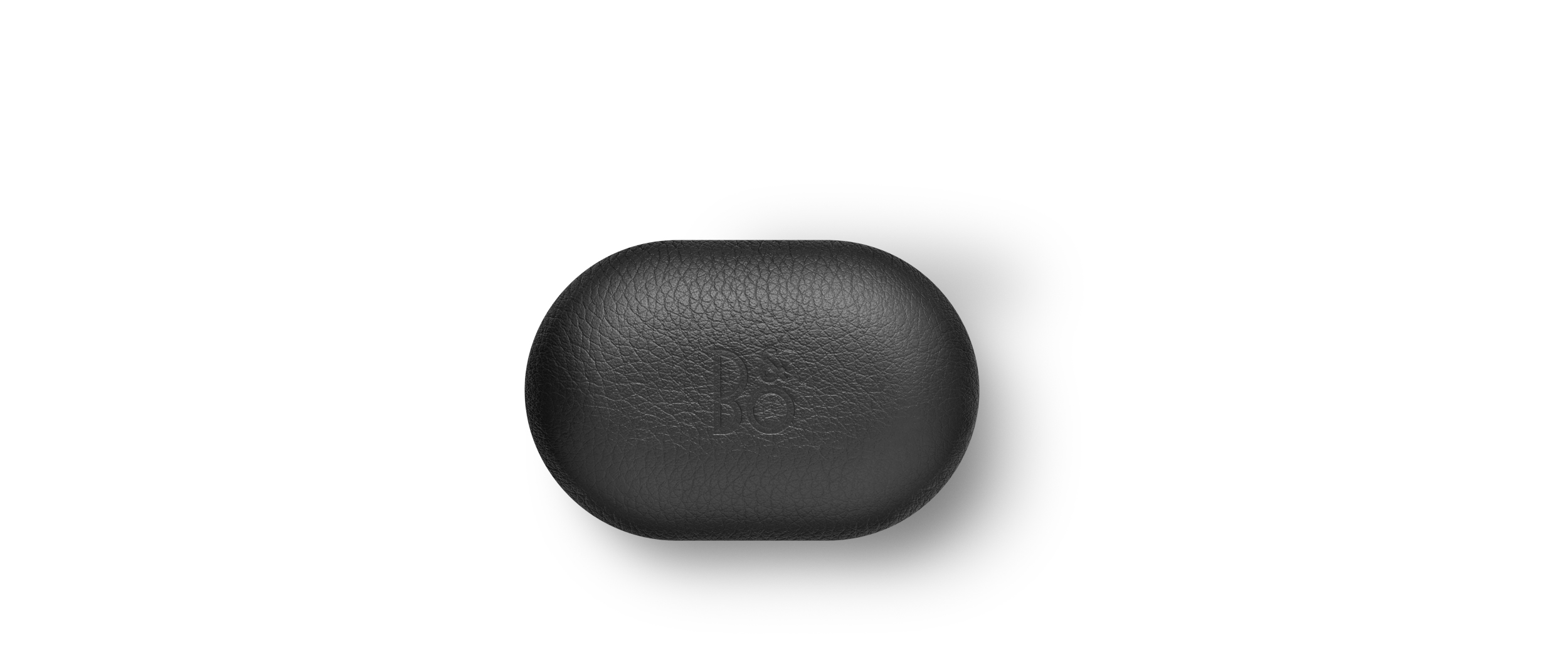 Custodia ovale nera, che mostra la texture e il logo del marchio, isolata su sfondo bianco.