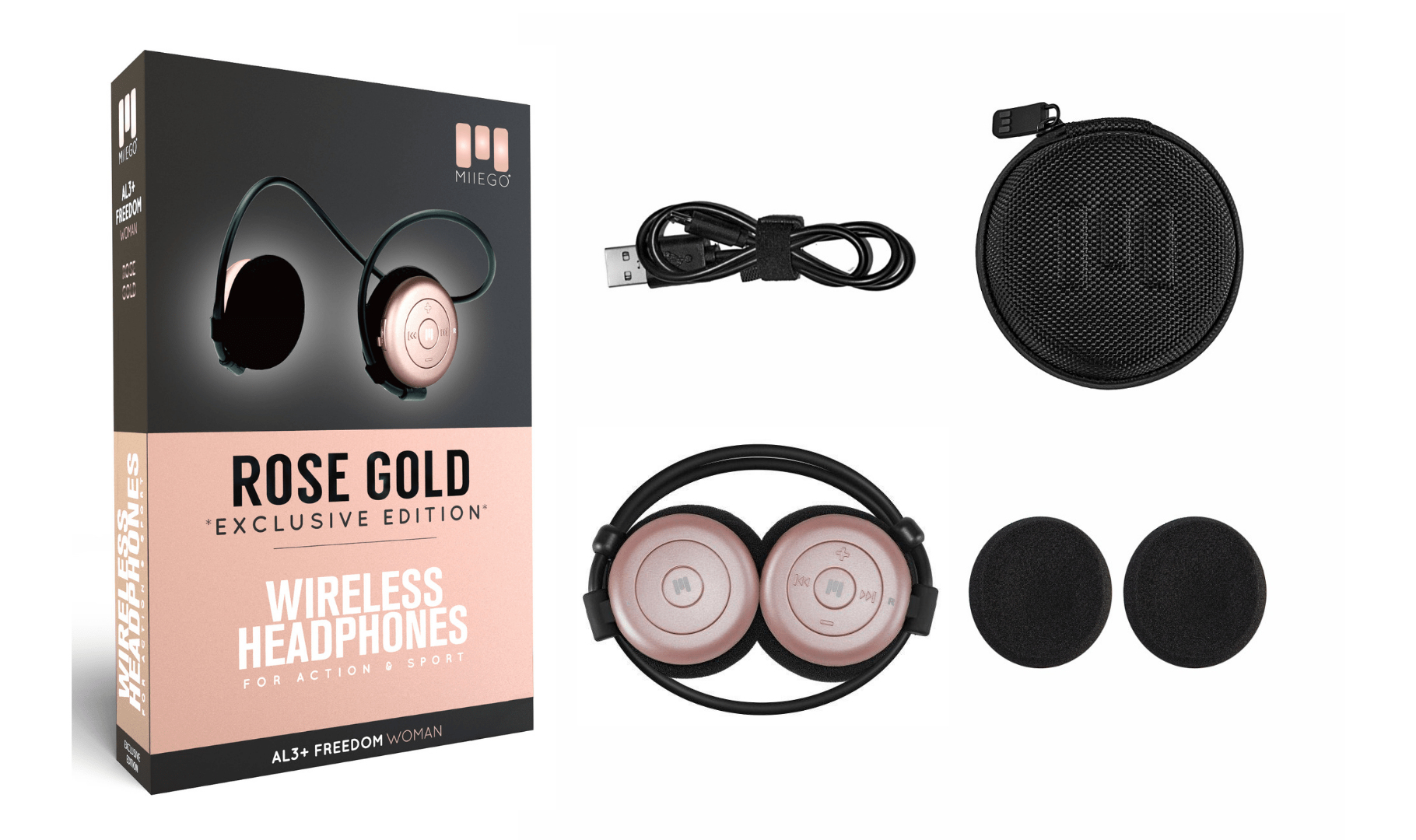 Auriculares inalámbricos oro rosa con accesorios. Juego con cable USB y funda.